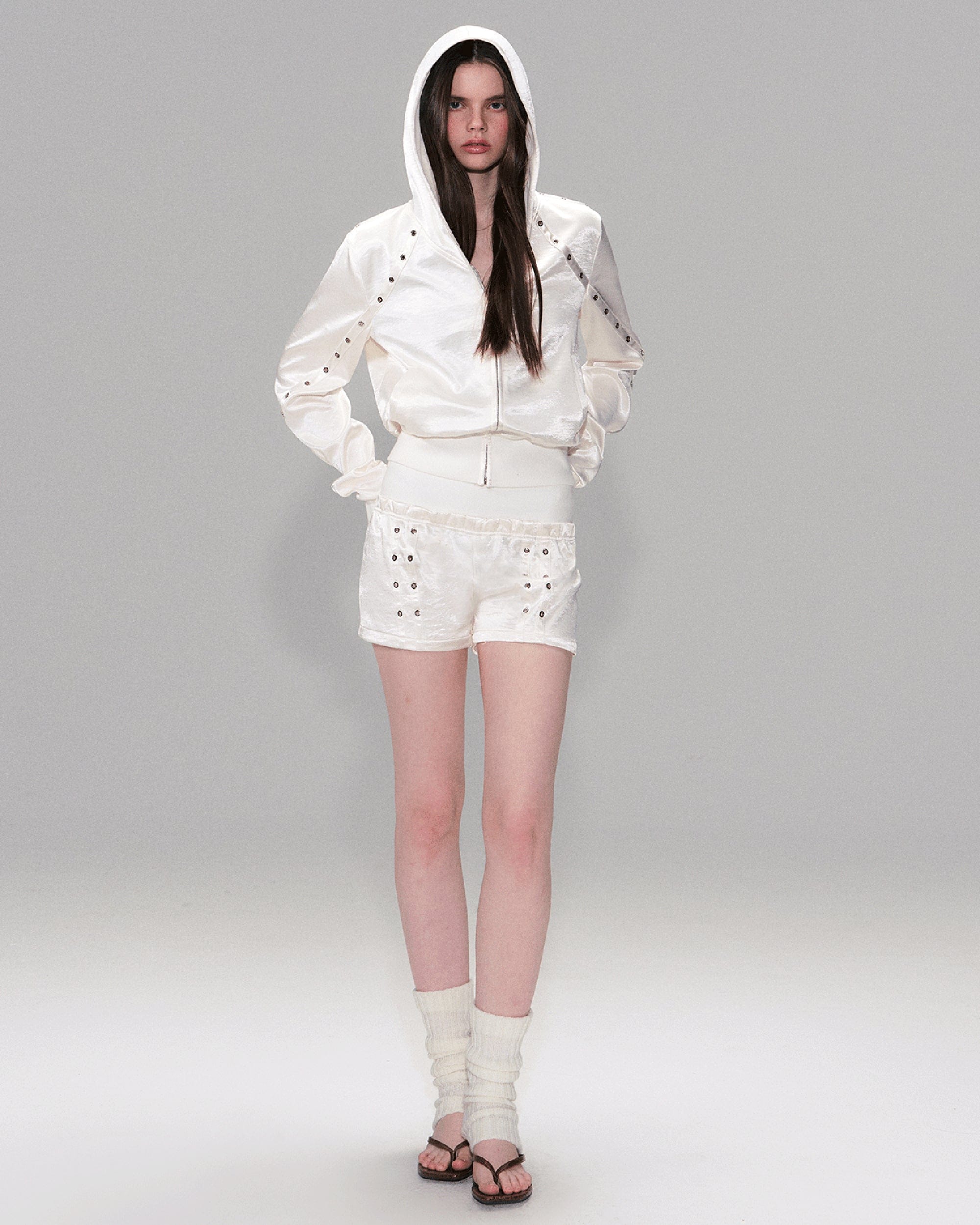 THE NEVERMORE Satin Grommet-Stud Hooded Jacket & Shorts Set