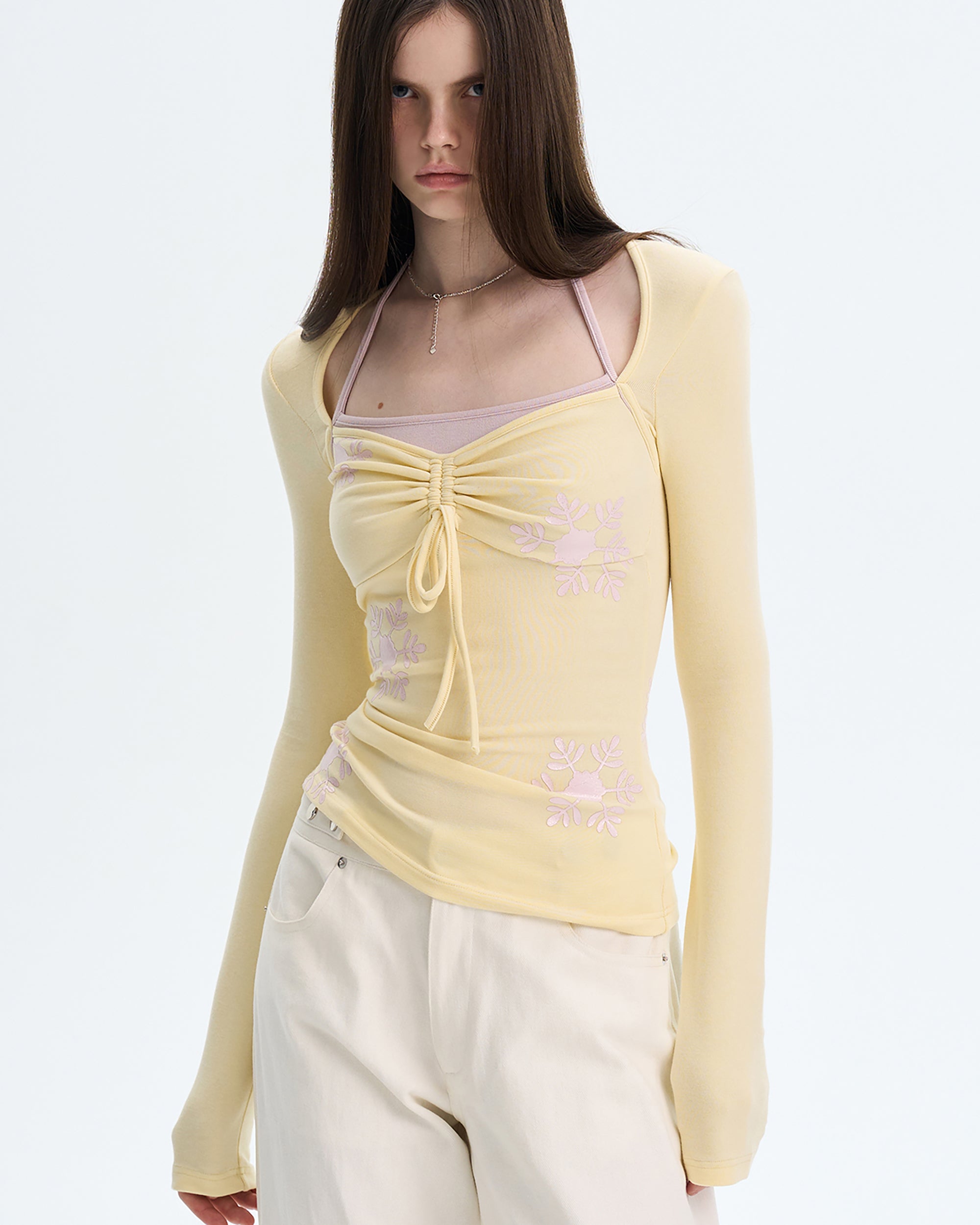 THE NEVERMORE Contrast Layered Tie-Front Long-Sleeve Top