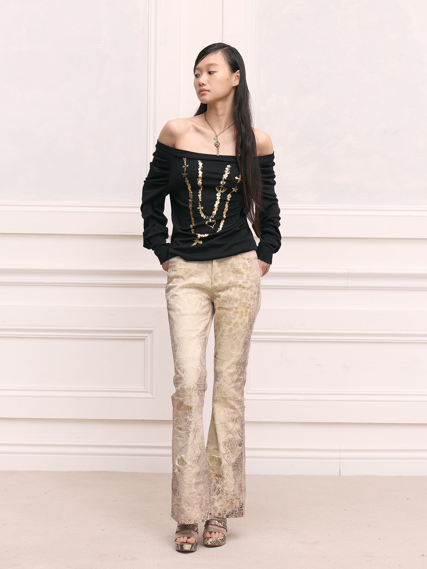 FAYCHUI Distressed Leopard Slim Flared Pants
