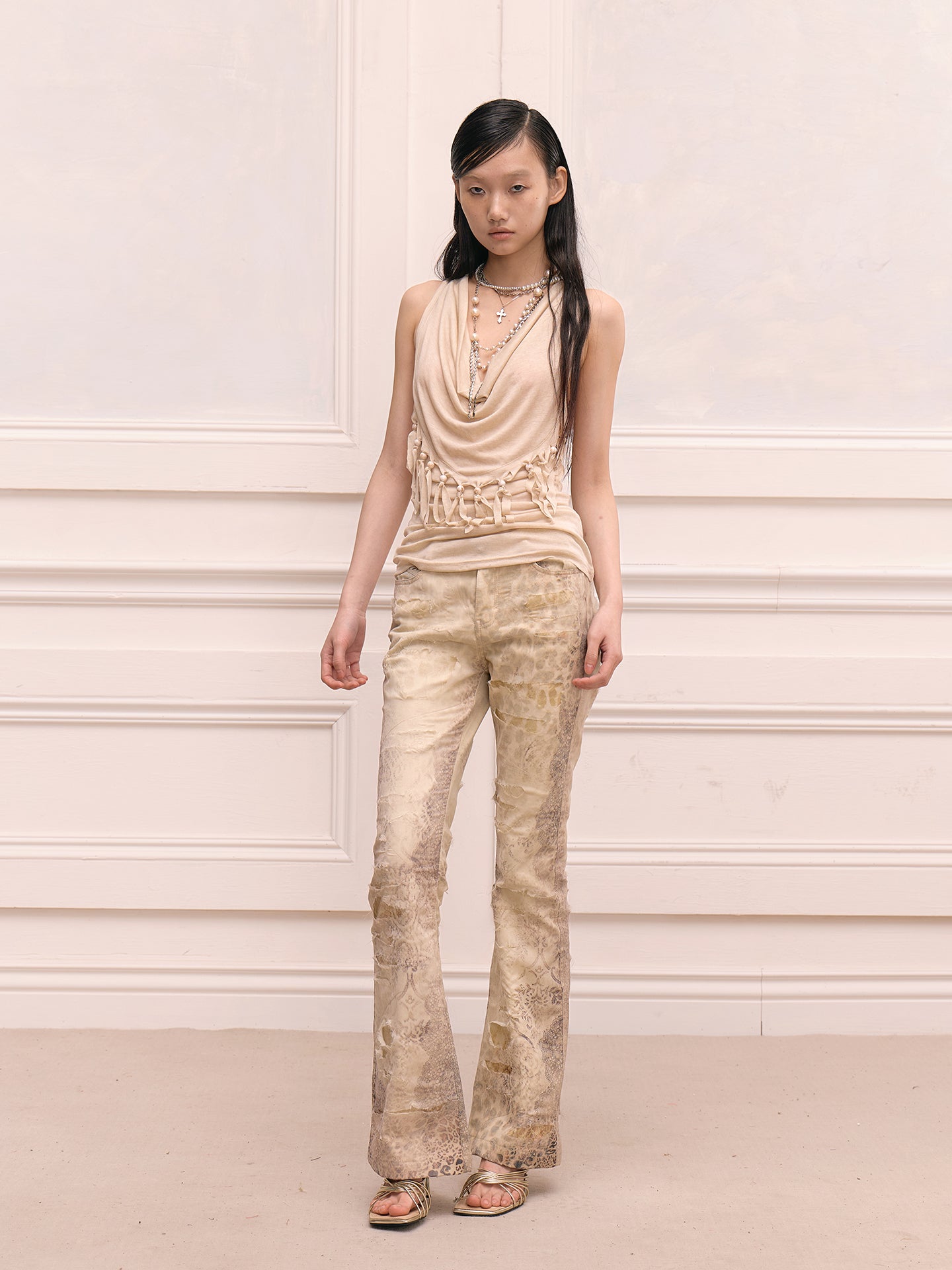 FAYCHUI Distressed Leopard Slim Flared Pants