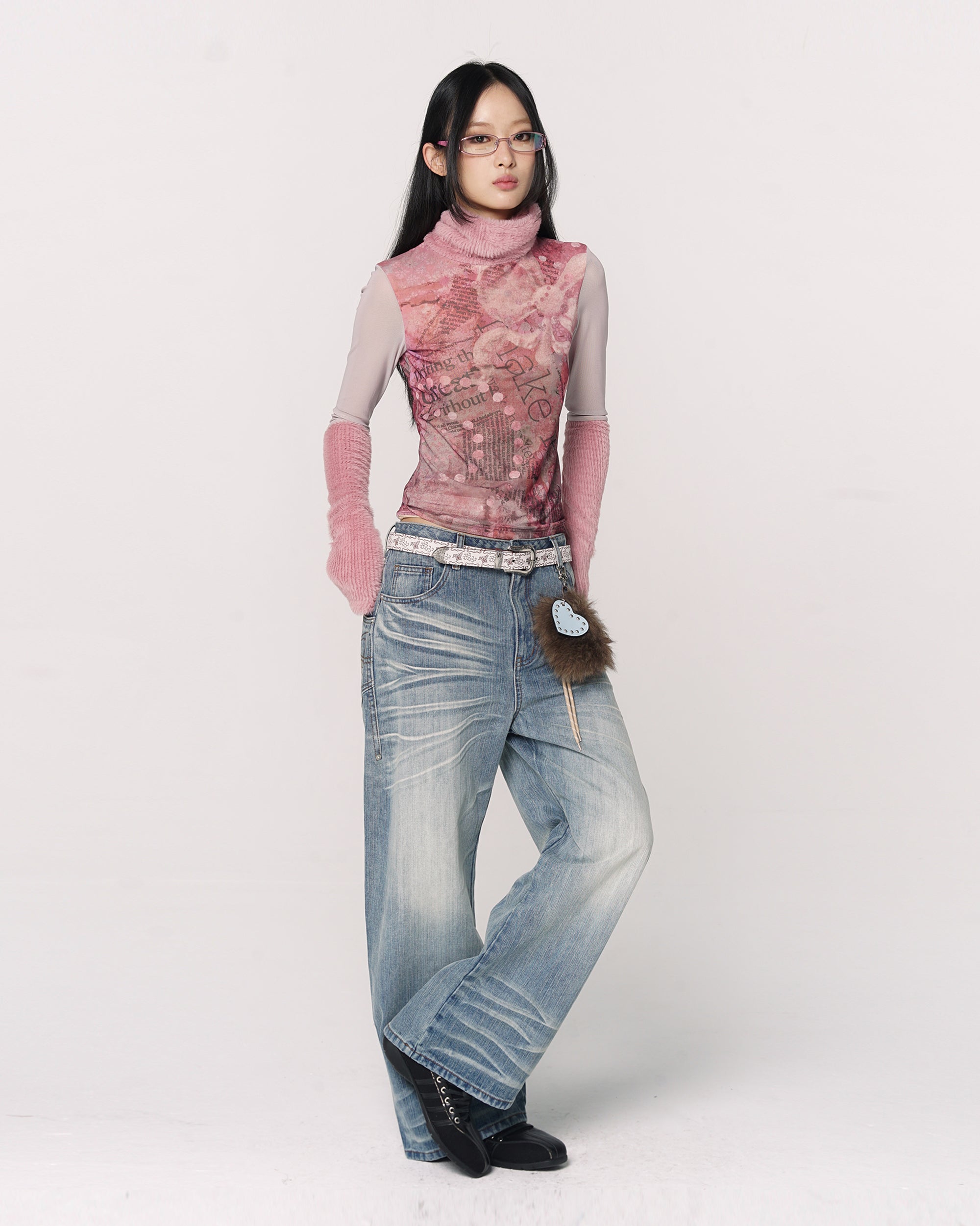 CONFUN Retro Whiskered Curved-Leg Oversized Jeans