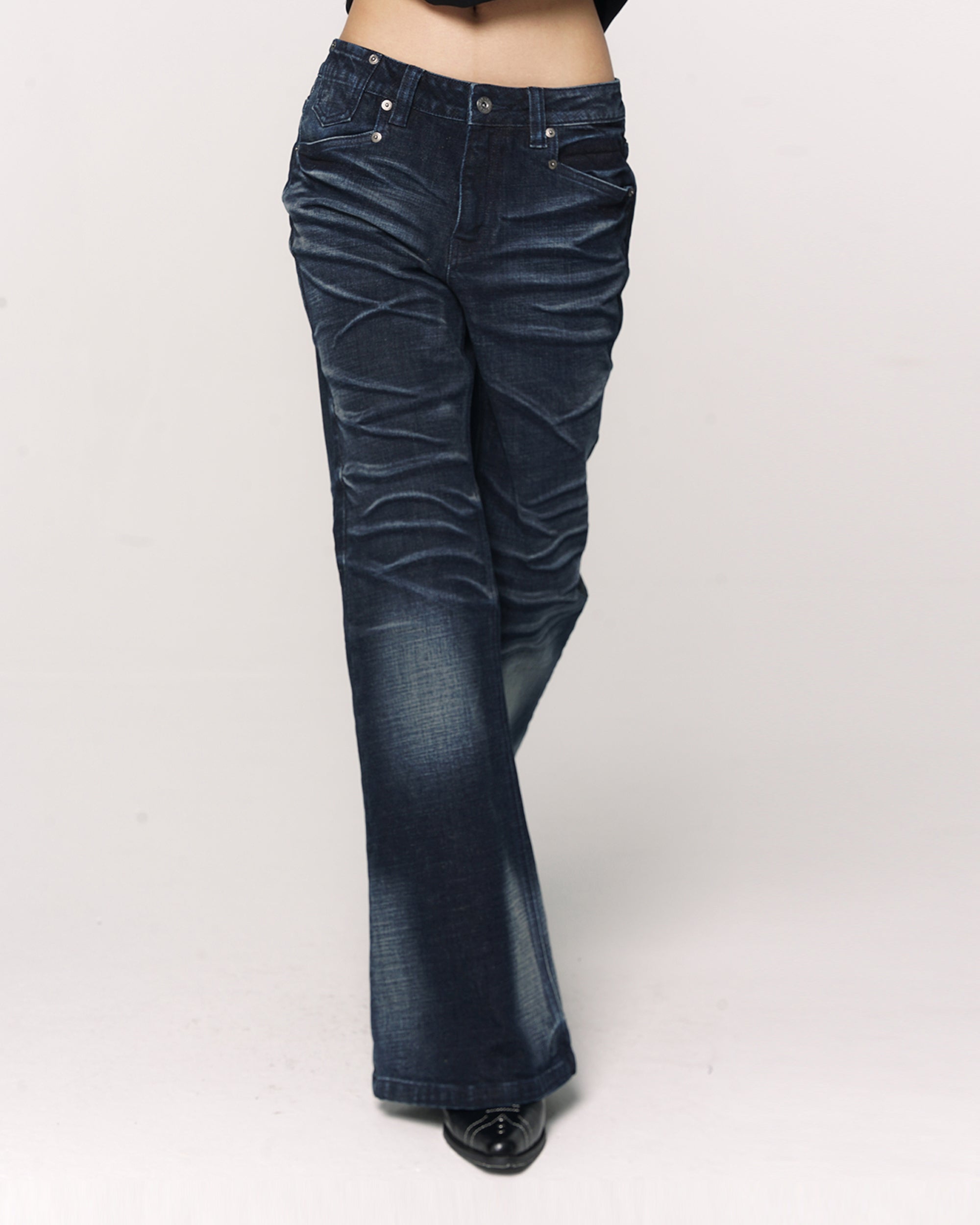 CONFUN Retro Whiskered Washed Flared Jeans