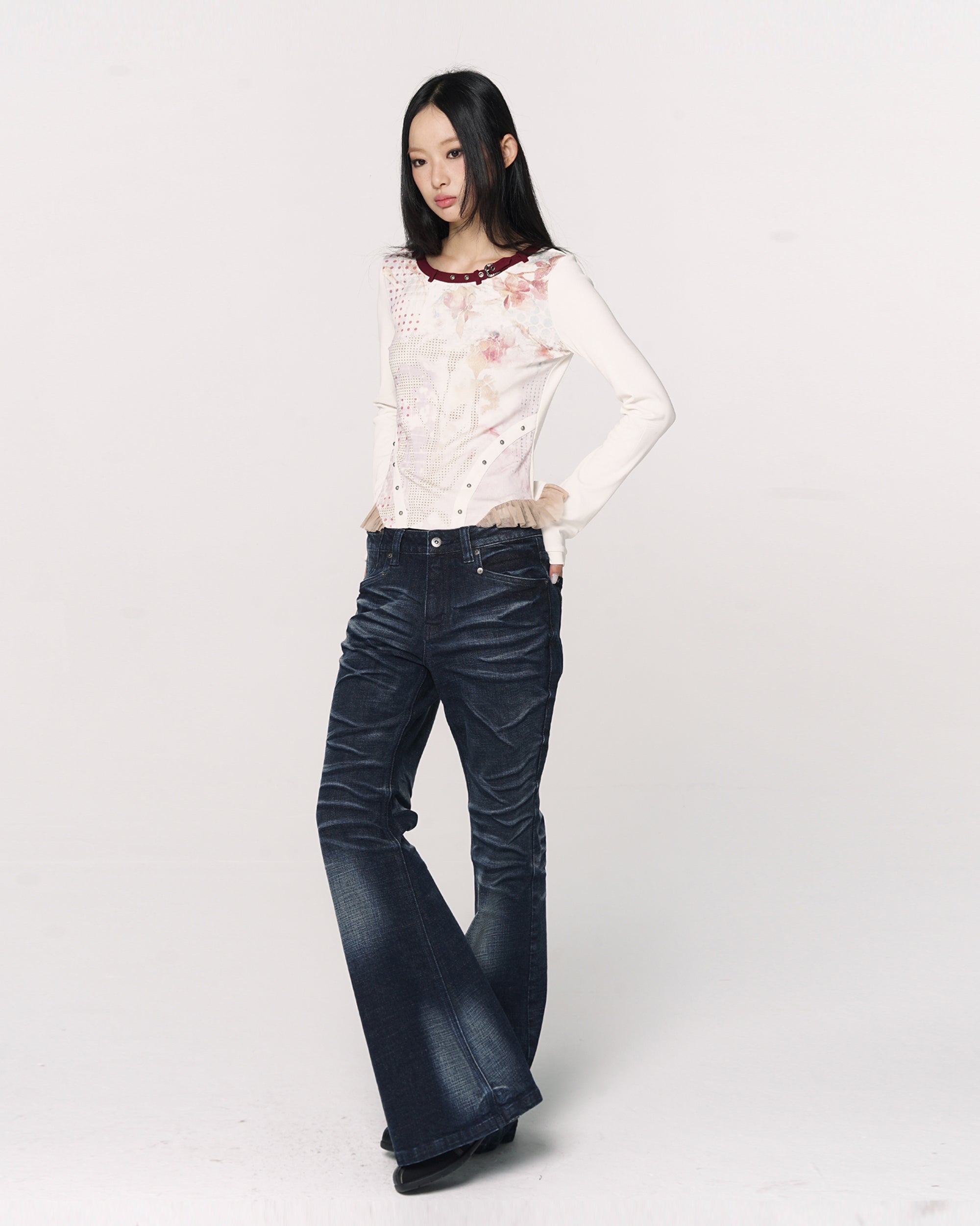 CONFUN Retro Whiskered Washed Flared Jeans
