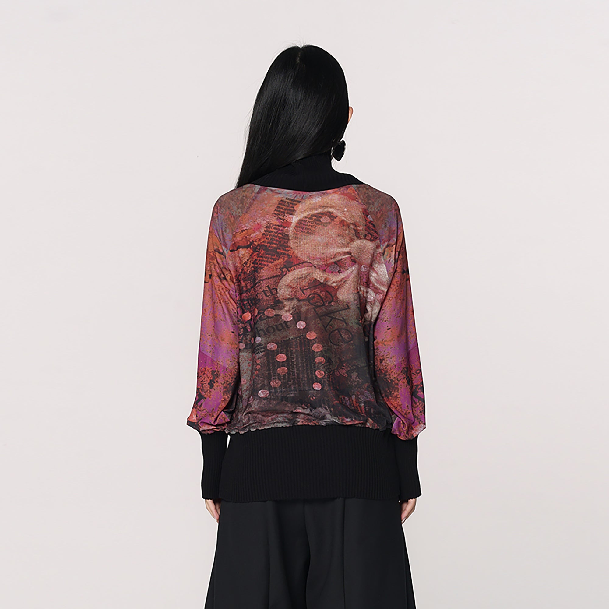 CONFUN Floral Mesh Ribbed Cuff Pullover