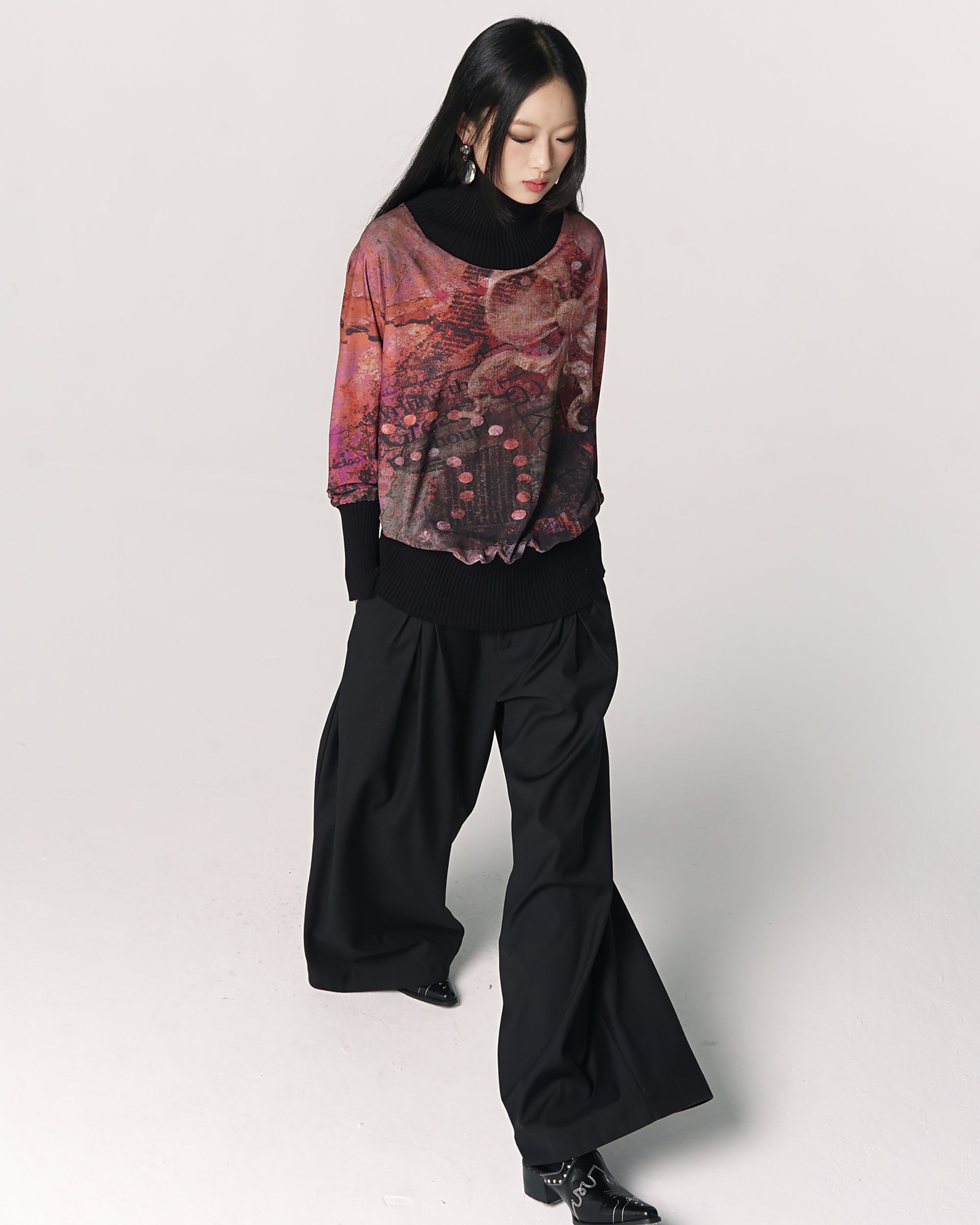 CONFUN Floral Mesh Ribbed Cuff Pullover