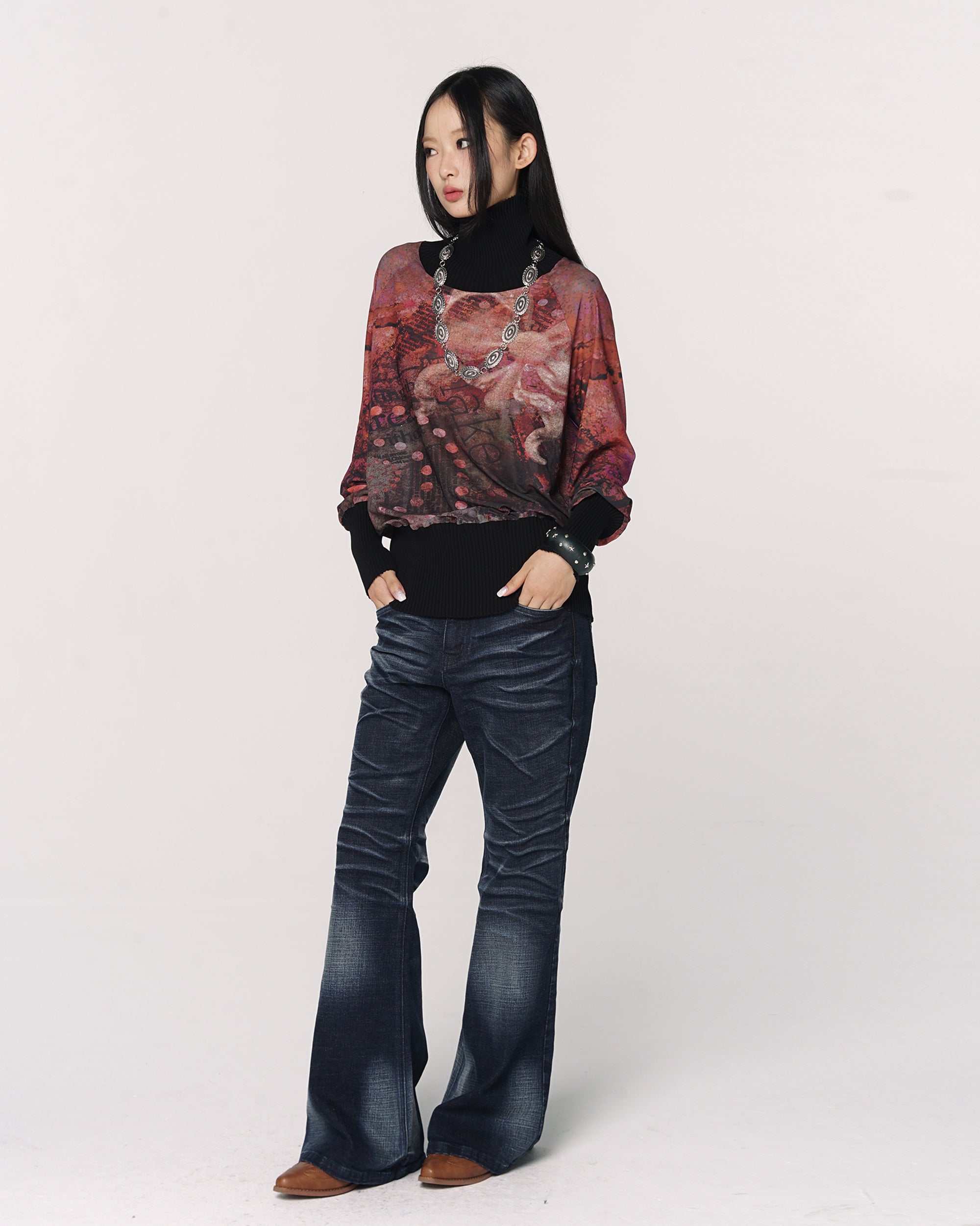 CONFUN Floral Mesh Ribbed Cuff Pullover