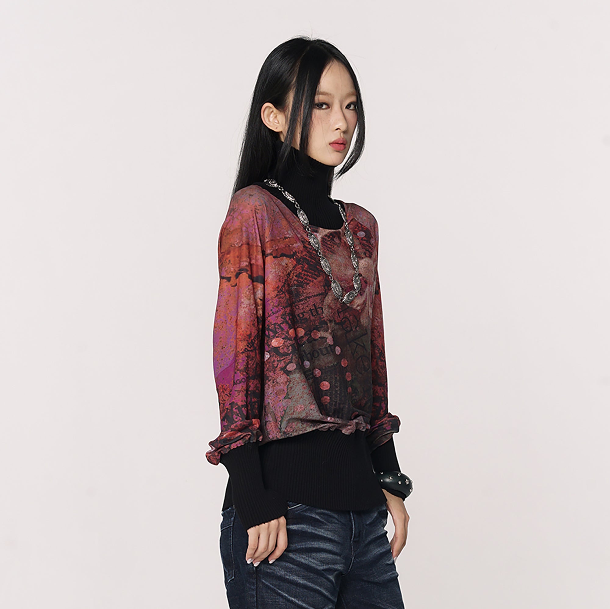 CONFUN Floral Mesh Ribbed Cuff Pullover