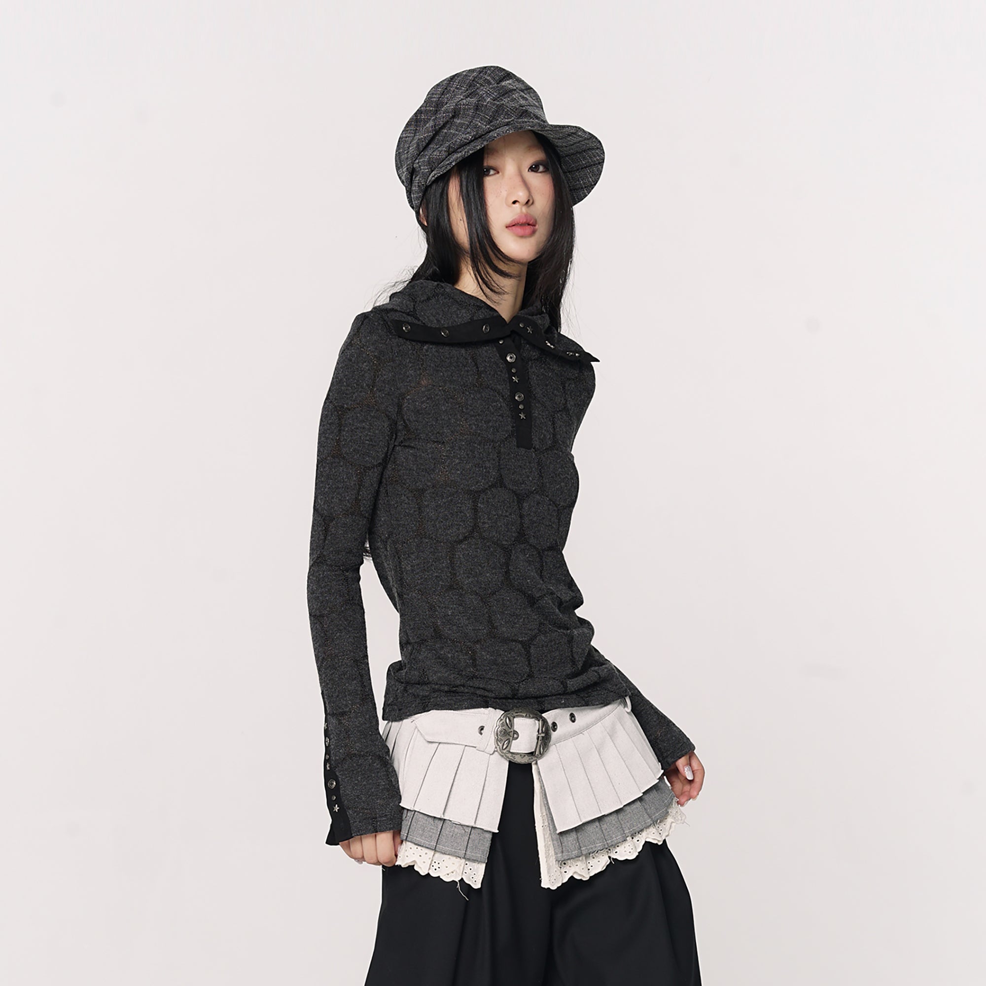 CONFUN Paneled Rivet Jacquard Henley Long-Sleeve Tee