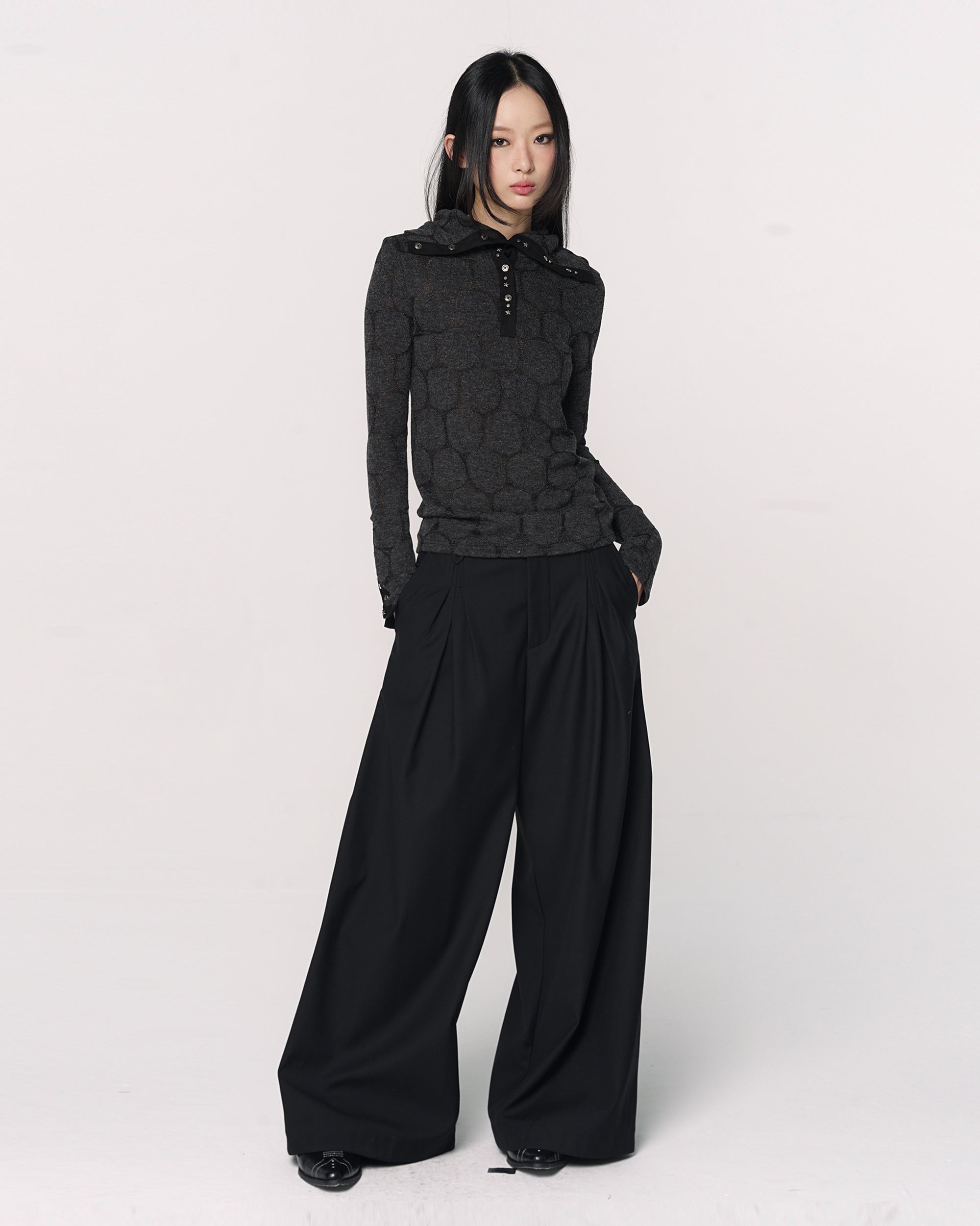 CONFUN Paneled Rivet Jacquard Henley Long-Sleeve Tee