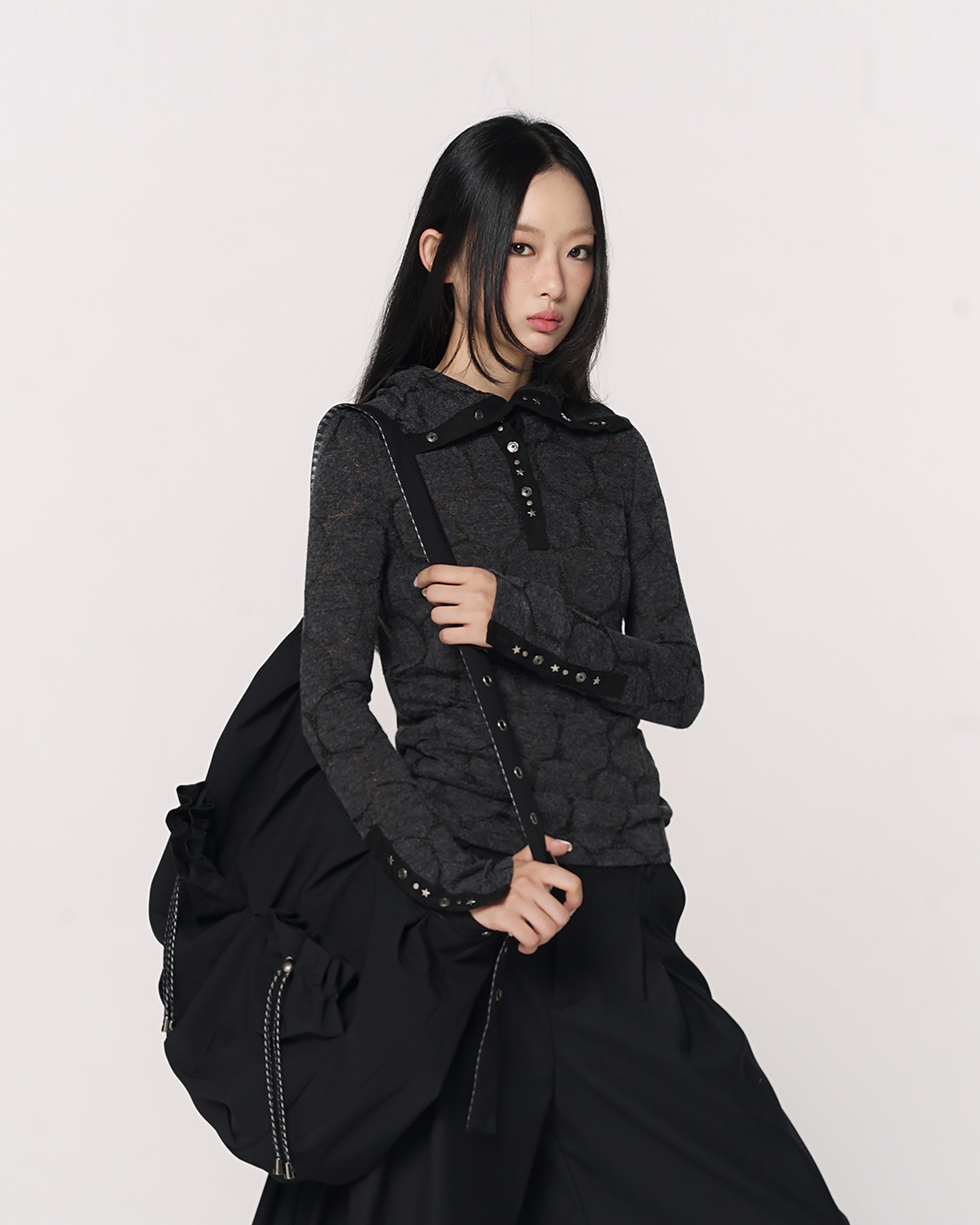 CONFUN Paneled Rivet Jacquard Henley Long-Sleeve Tee