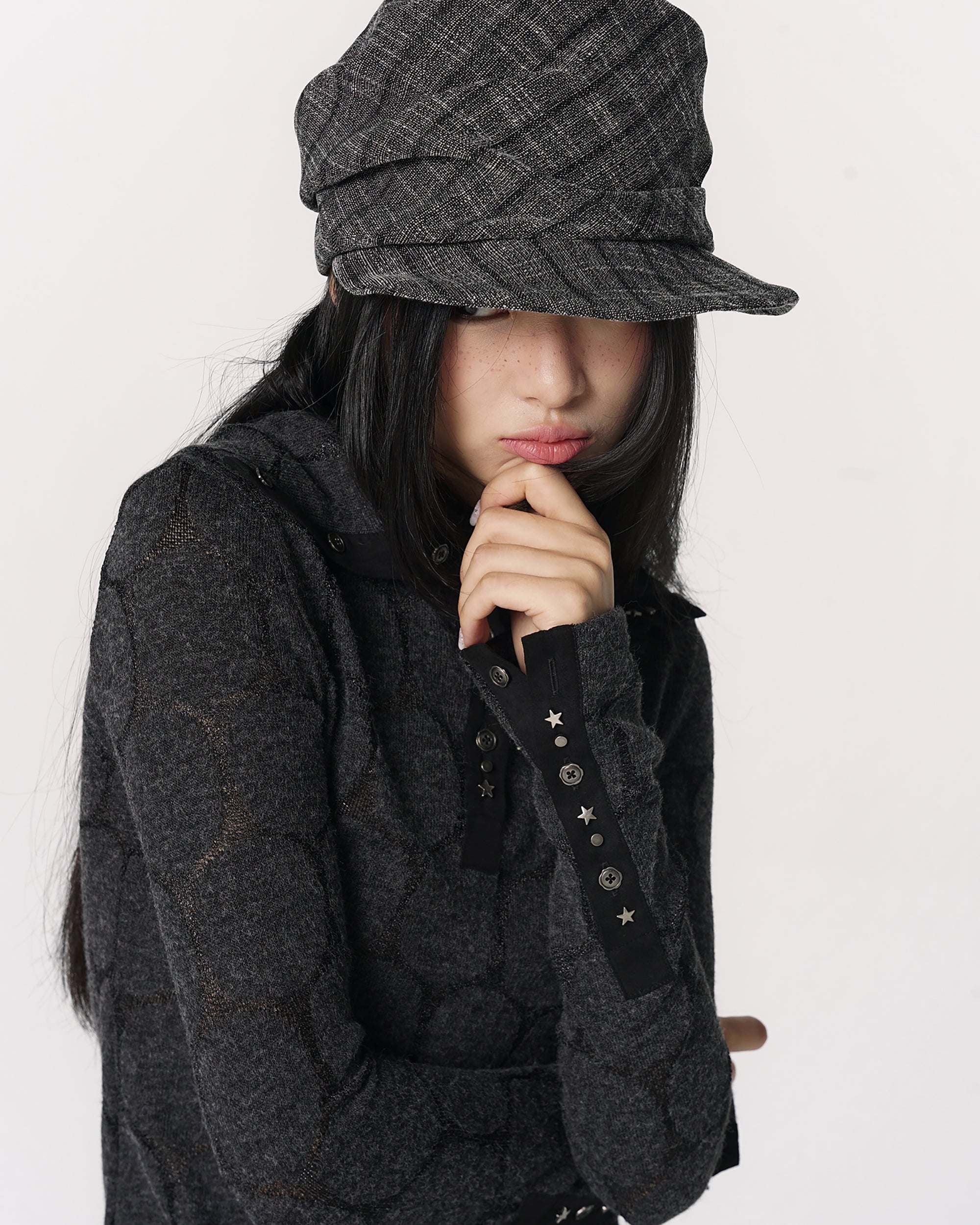 CONFUN Paneled Rivet Jacquard Henley Long-Sleeve Tee