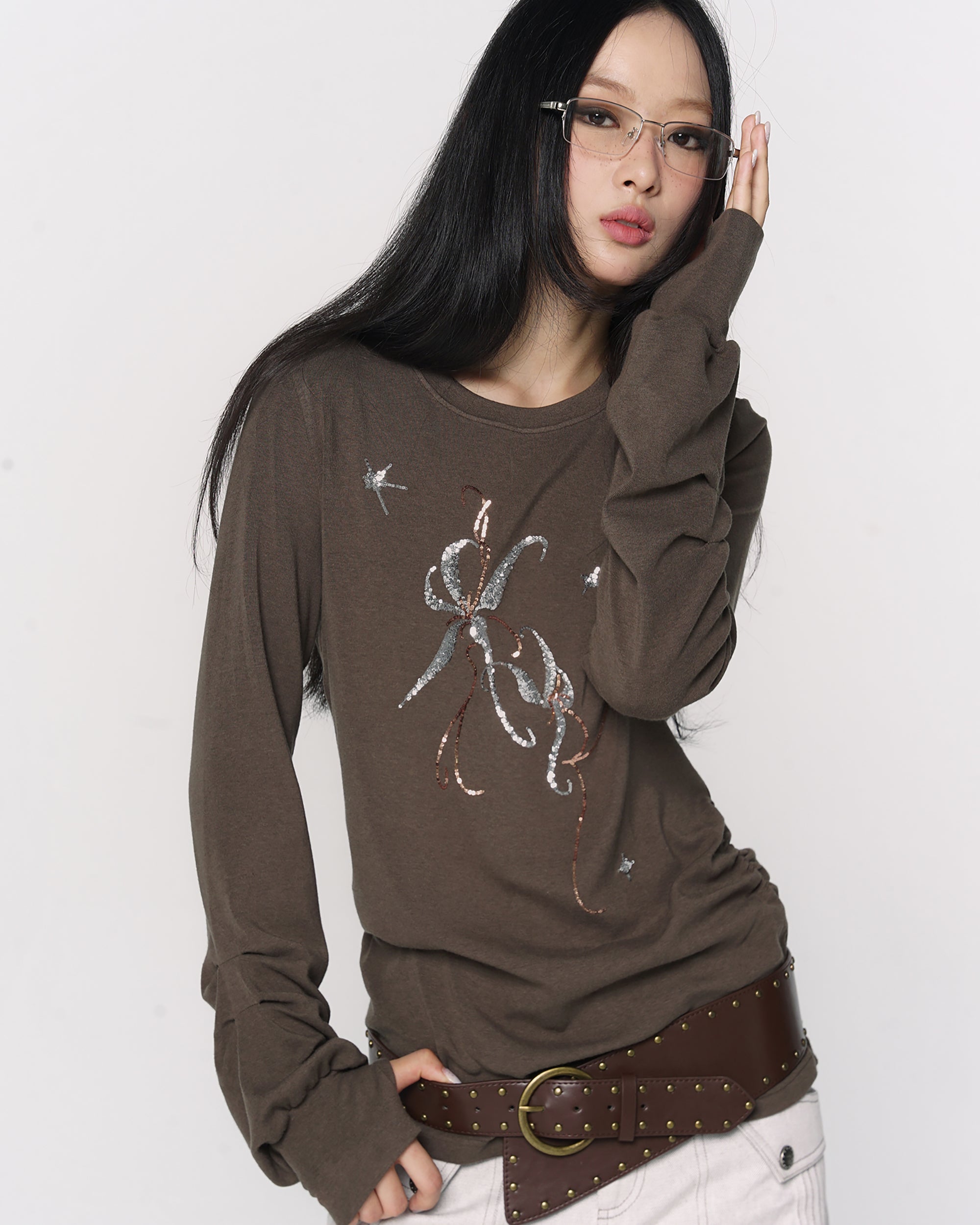 CONFUN Sequin Embroidered Ruched Long-Sleeve Tee