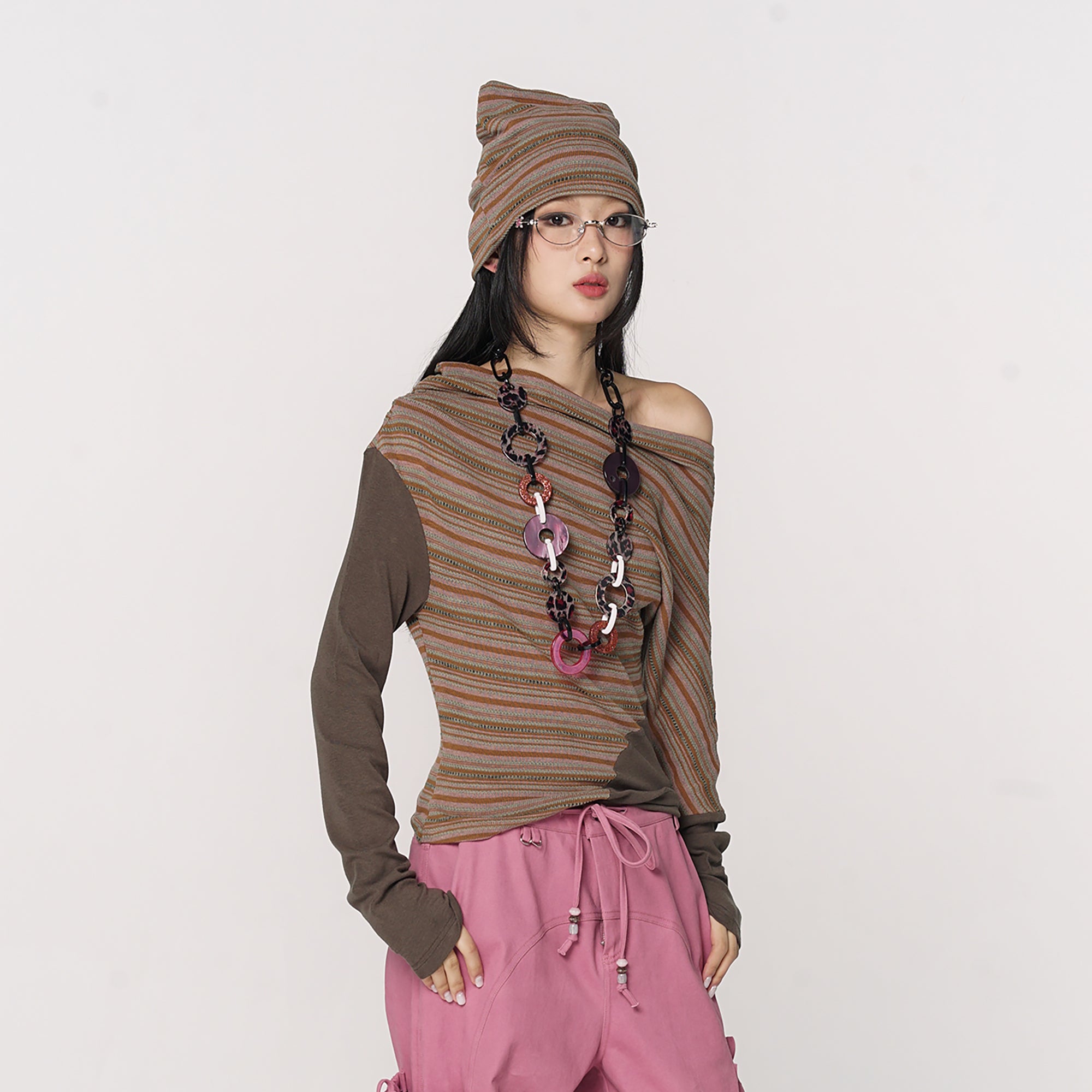 CONFUN Asymmetrical Striped Spliced Long-Sleeve Tee