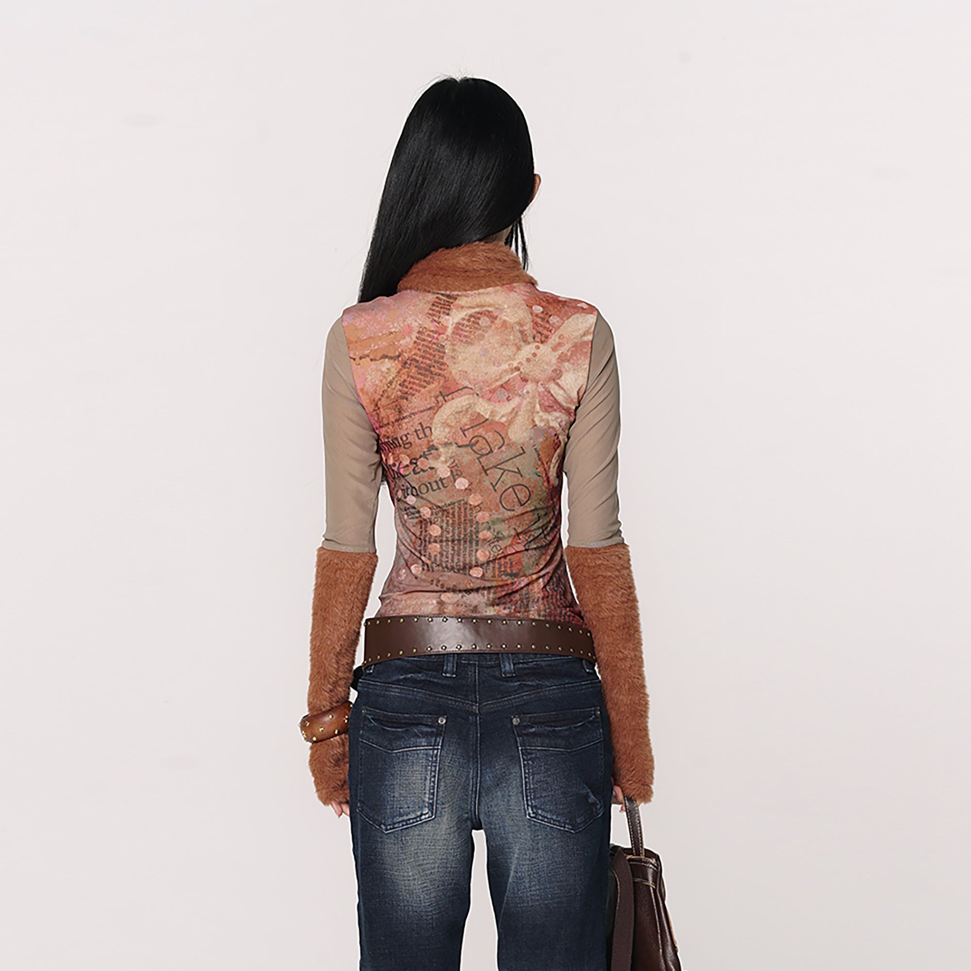 CONFUN Retro Full-Print Paneled Turtleneck Mesh Tee