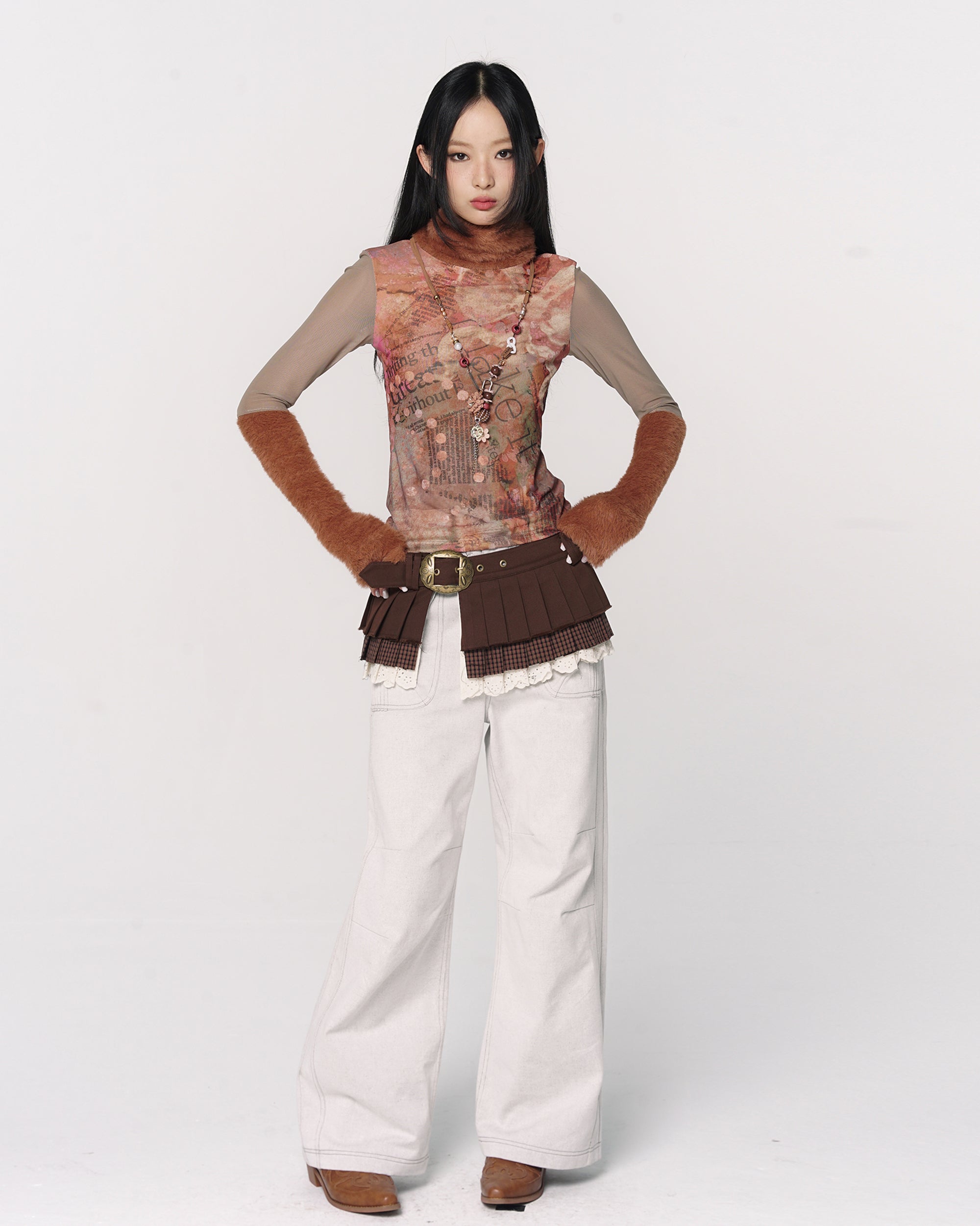 CONFUN Retro Full-Print Paneled Turtleneck Mesh Tee