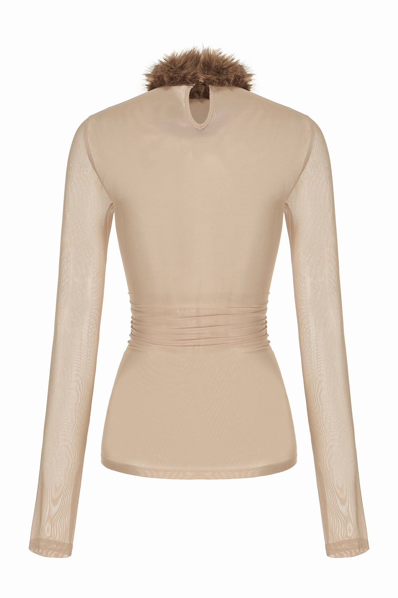 NEVER OFFEND L ANGEL Faux-Fur Collar Rivet Mesh Ruched Top