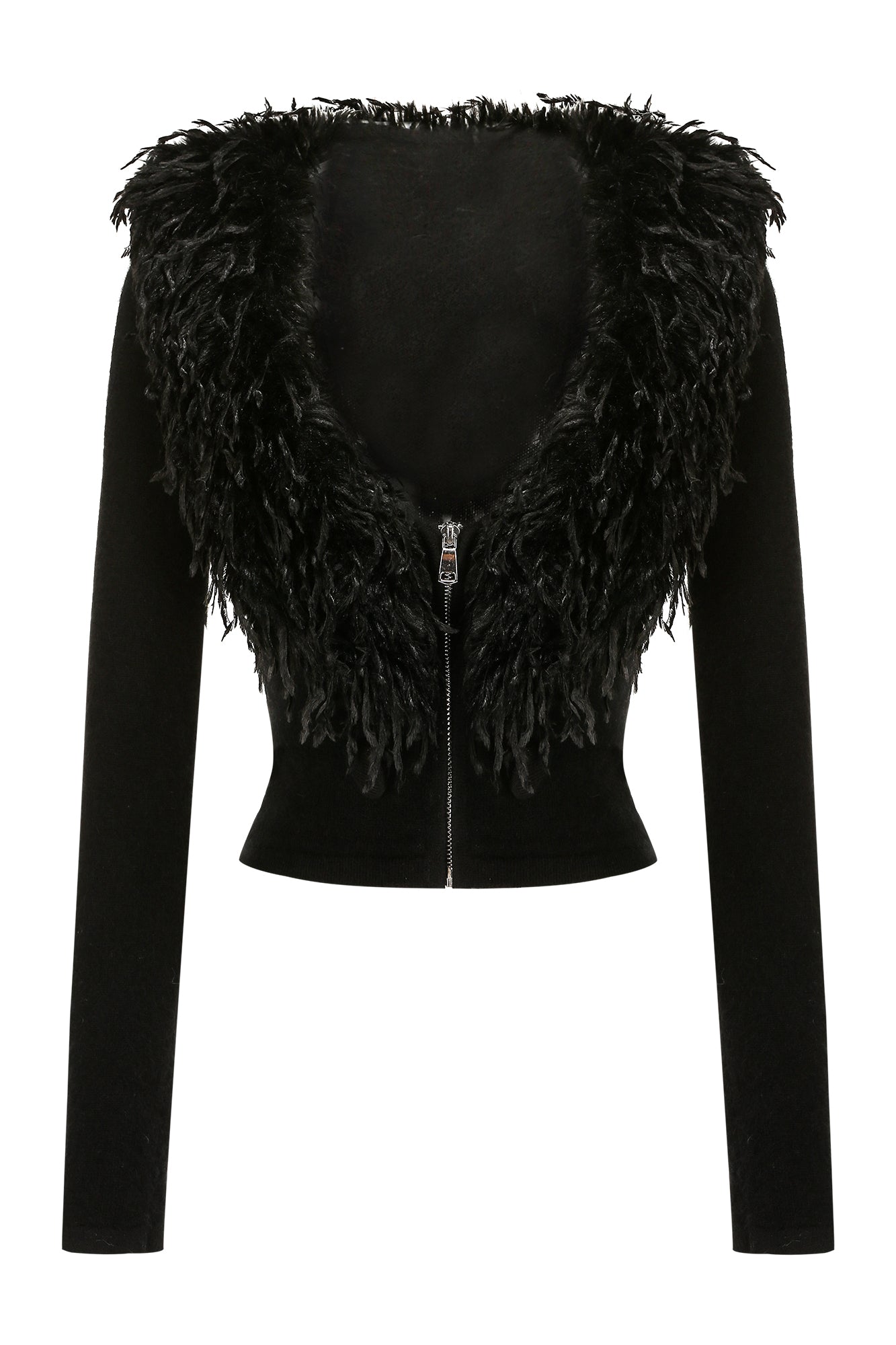 NEVER OFFEND L ANGEL Deep-V Shaggy Trim Zip-Up Cropped Cardigan