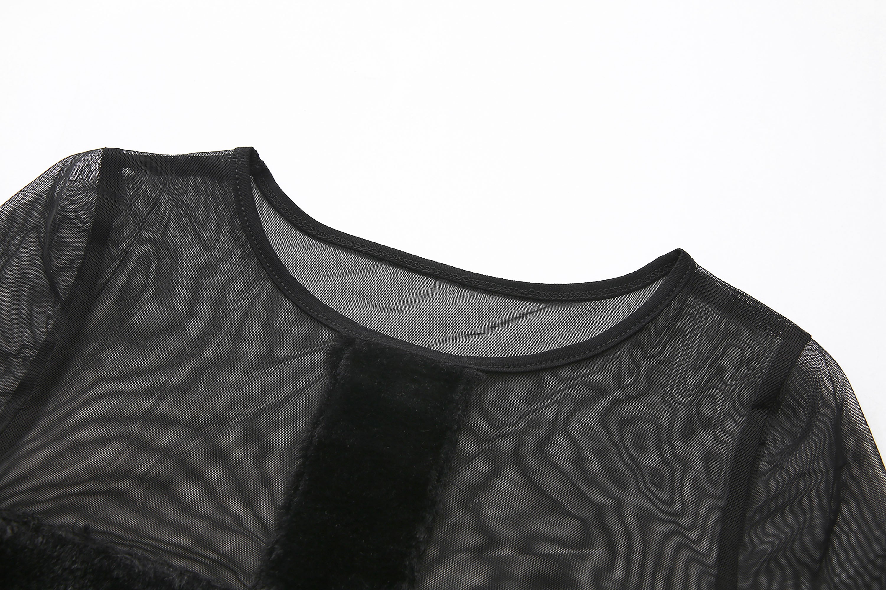 NEVER OFFEND L ANGEL Cross-Panel Faux-Fur Mesh Bodycon Top