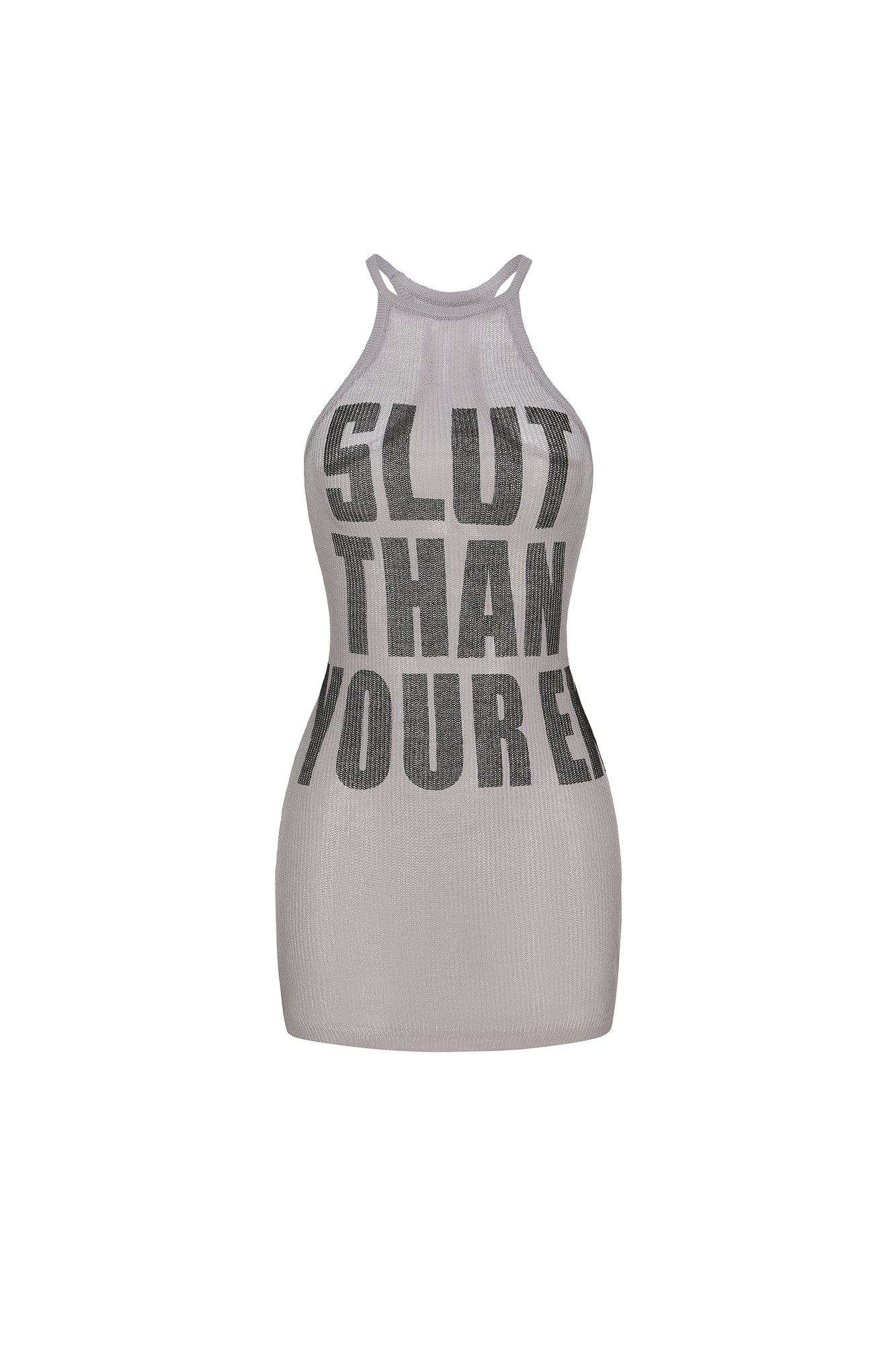 NEVER OFFEND L ANGEL Slogan Full-Print Mesh Halter Dress