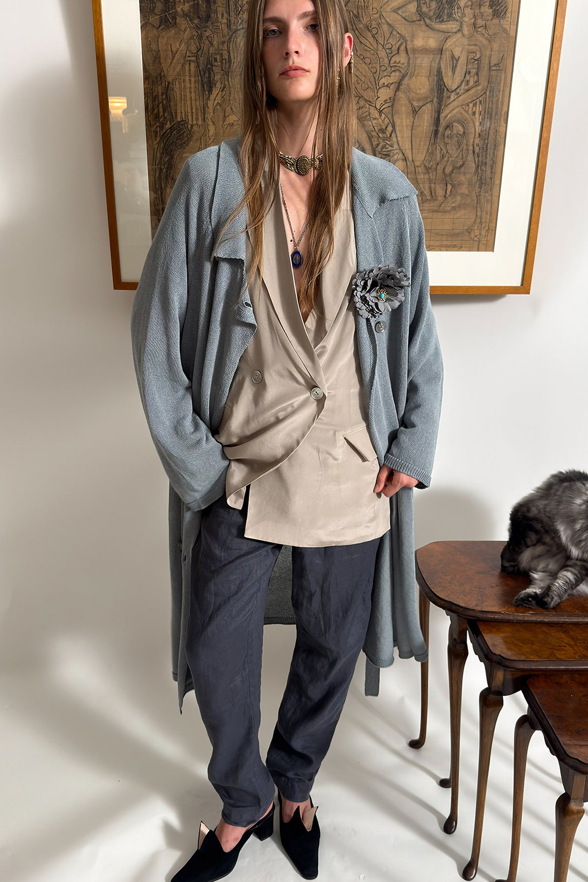 WINGFREE Silk-Blended Double-Breasted Oversized Coat
