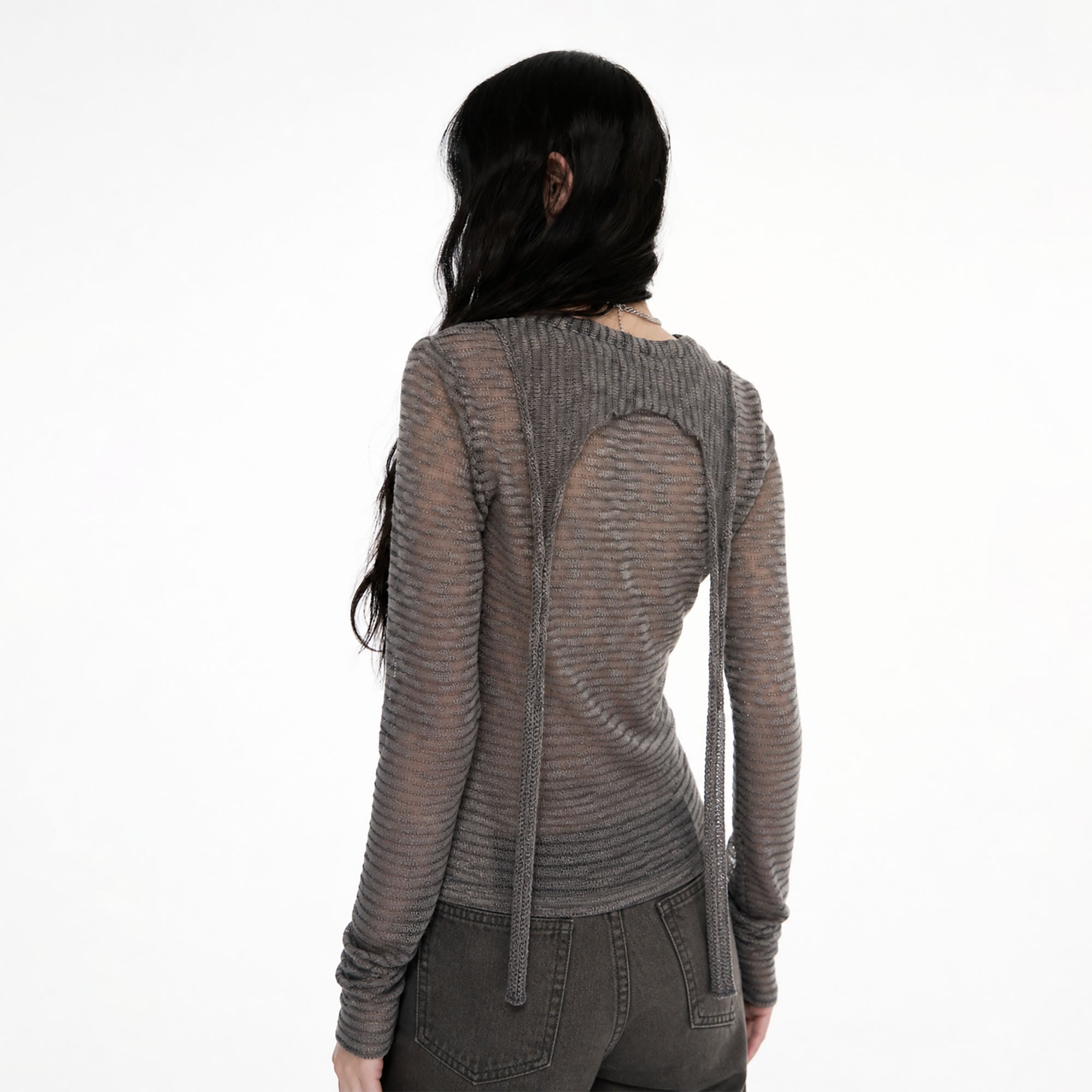 CONFUN Sheer Striped Long-Sleeve Polo Tee