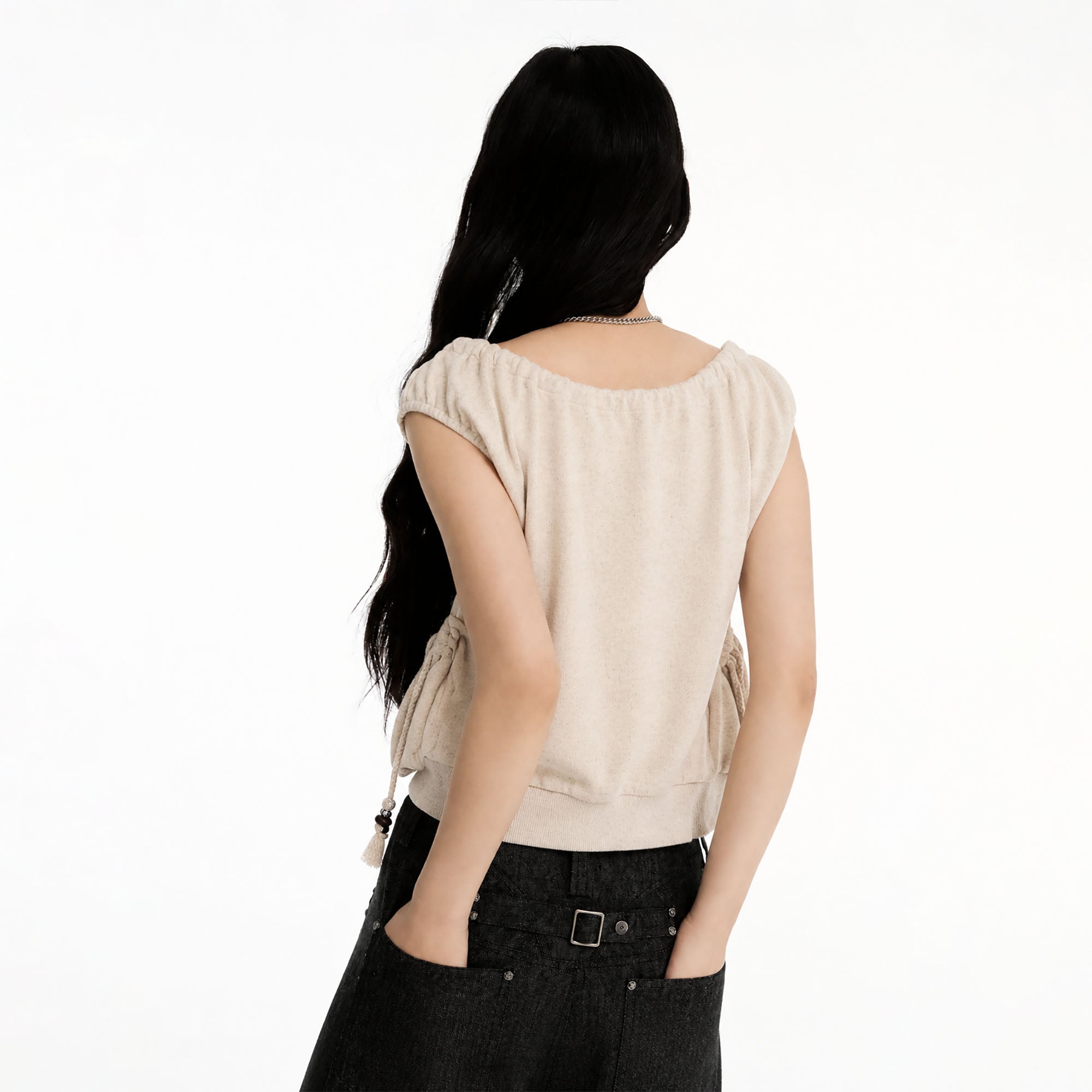CONFUN Ruched Drawstring Zip-Up Top