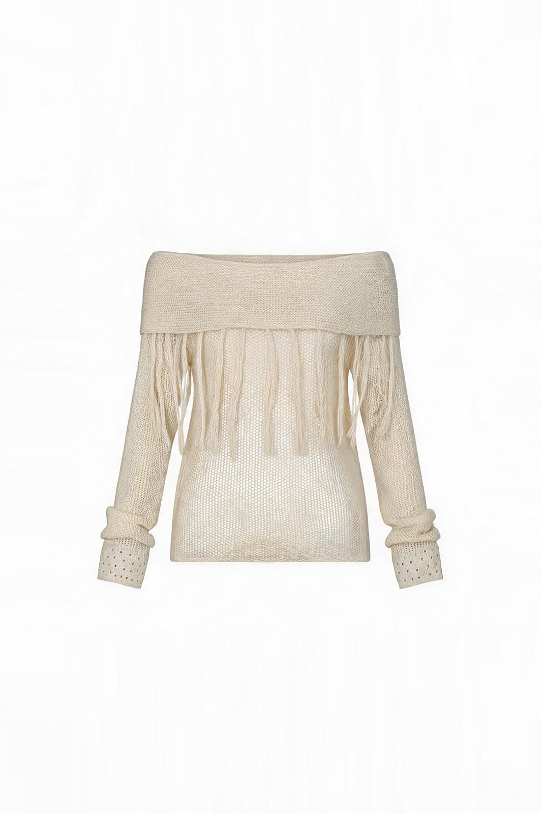 FAYCHUI Open-Knit Fringe Off-Shoulder Top