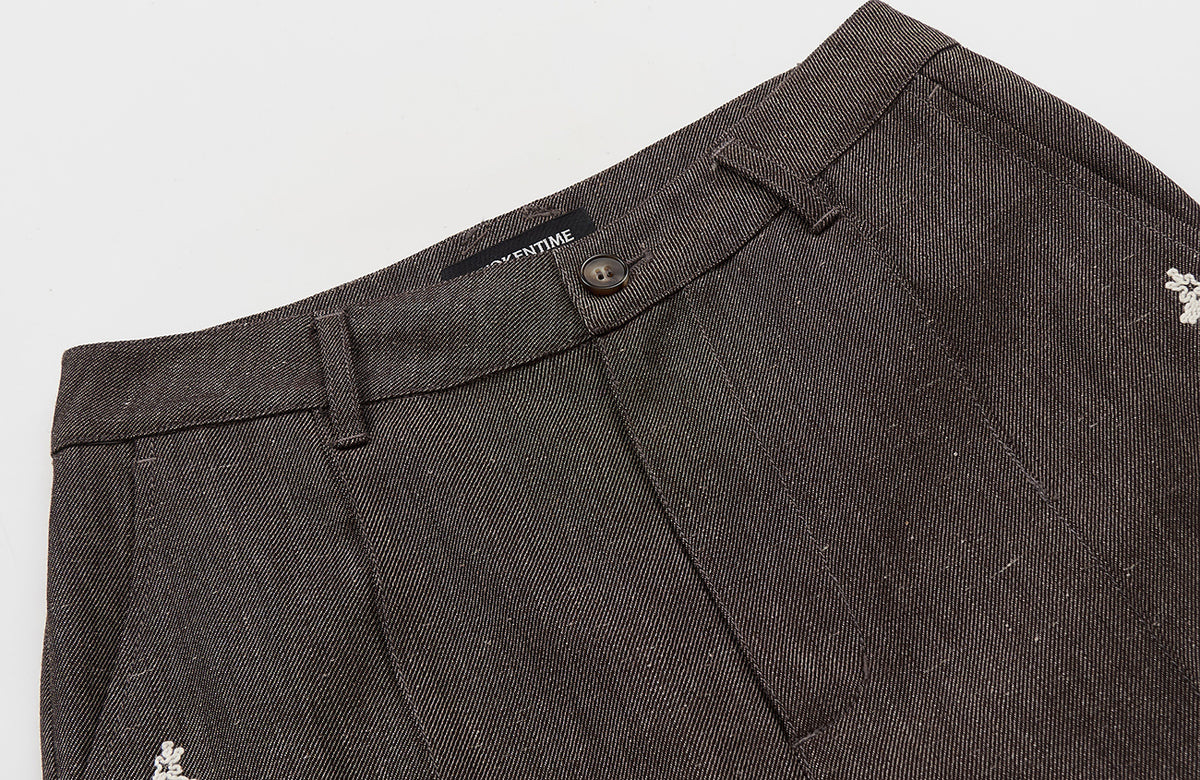 AWOKENTIME Floral Embroidered Linen-Blend Flared Trousers
