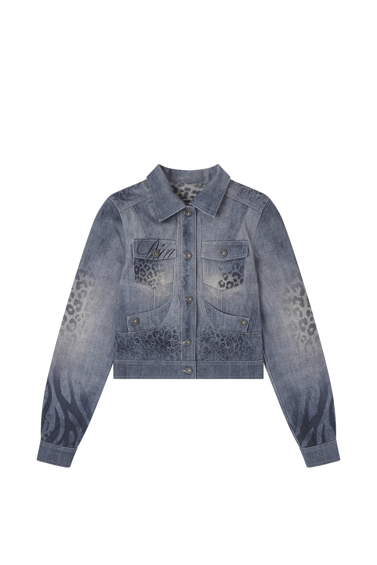 FAYCHUI Retro Washed Leopard-Print Cotton Denim Jacket
