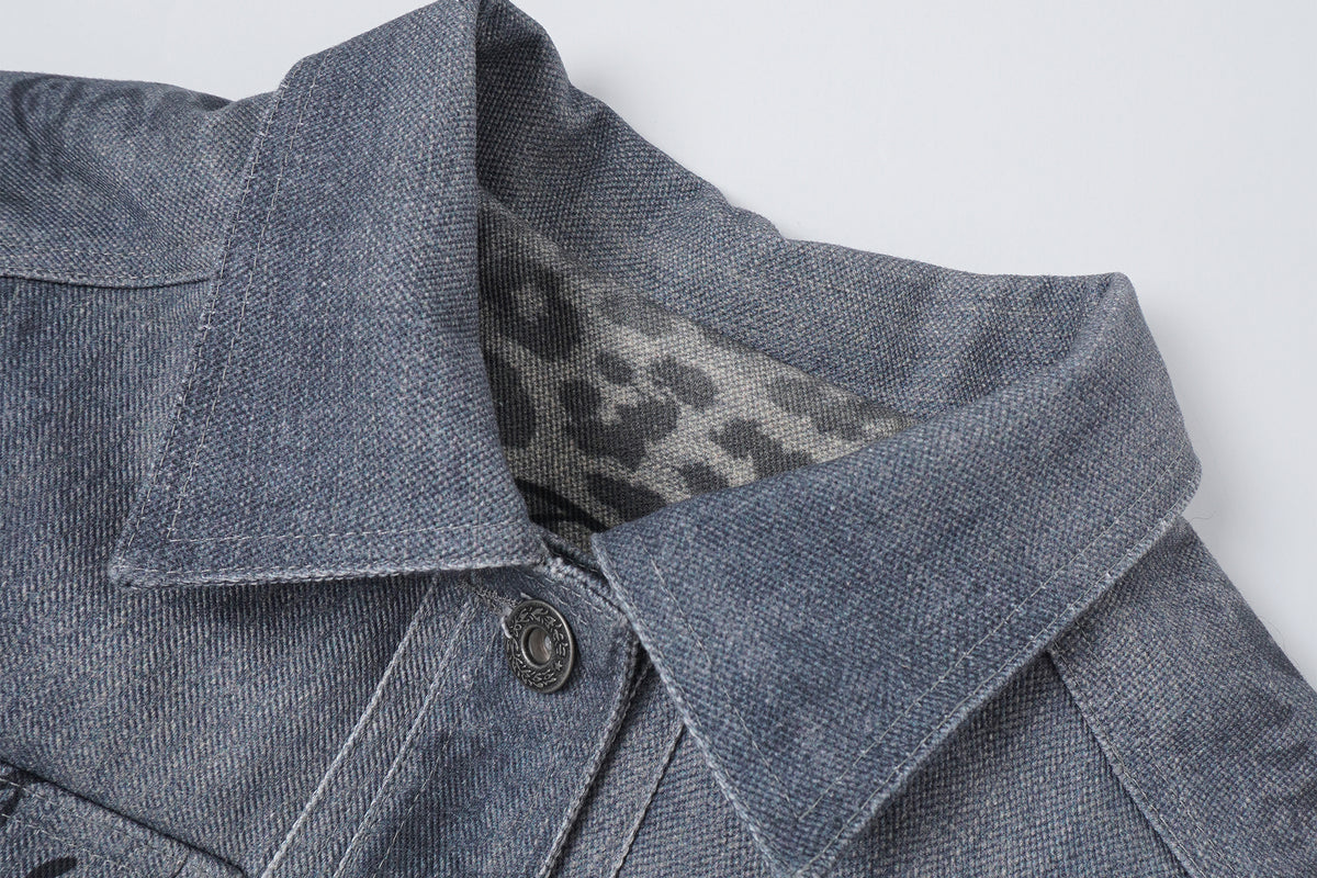 FAYCHUI Retro Washed Leopard-Print Cotton Denim Jacket