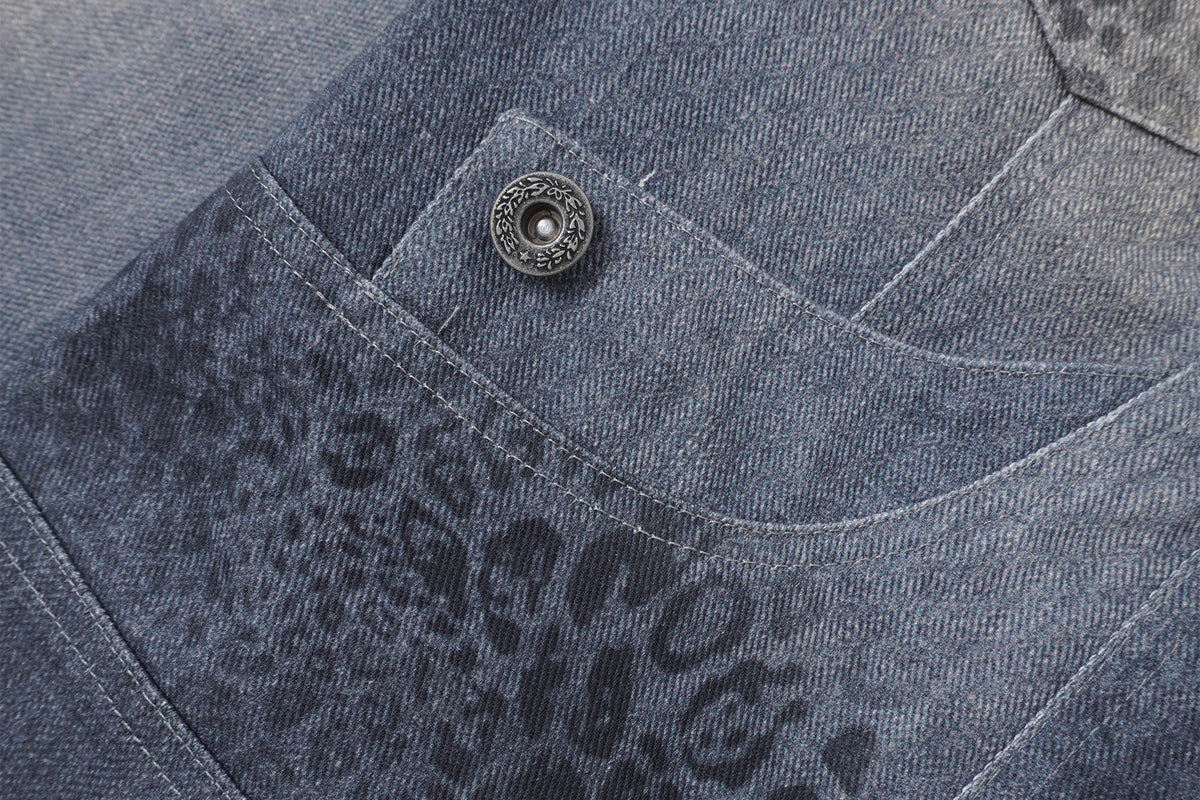 FAYCHUI Retro Washed Leopard-Print Cotton Denim Jacket