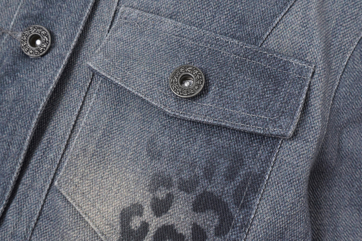 FAYCHUI Retro Washed Leopard-Print Cotton Denim Jacket