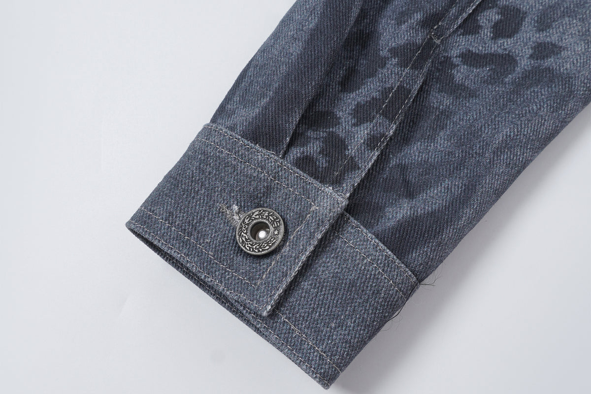 FAYCHUI Retro Washed Leopard-Print Cotton Denim Jacket