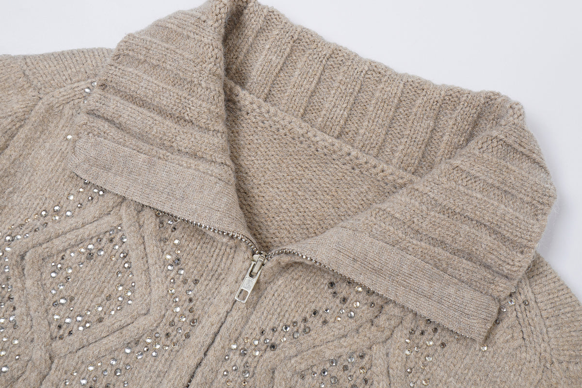 FAYCHUI Diamond Embroidered Ribbed Zip-Up Sweater