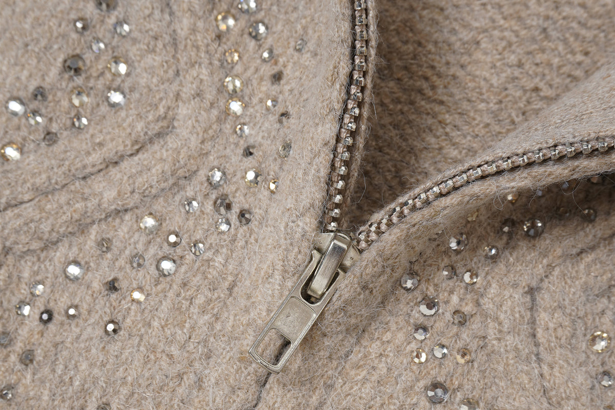 FAYCHUI Diamond Embroidered Ribbed Zip-Up Sweater