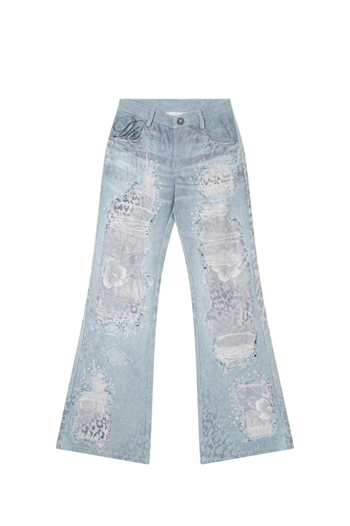FAYCHUI Washed Leopard Distressed Mesh-Overlay Flared Jeans