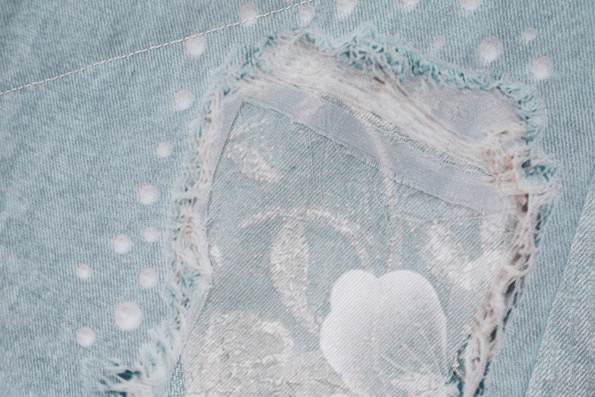 FAYCHUI Washed Leopard Distressed Mesh-Overlay Flared Jeans