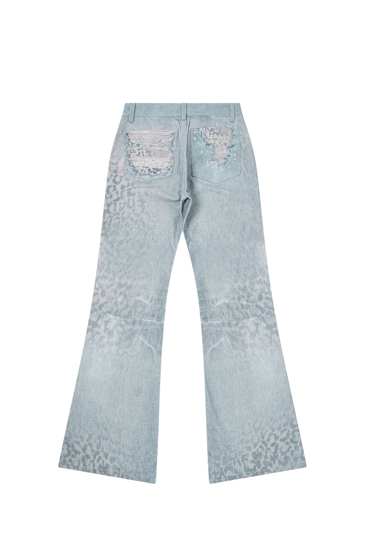 FAYCHUI Washed Leopard Distressed Mesh-Overlay Flared Jeans