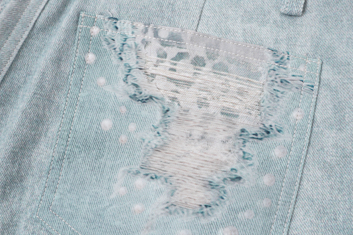 FAYCHUI Washed Leopard Distressed Mesh-Overlay Flared Jeans