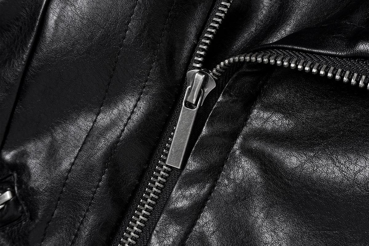 FAYCHUI Faux-Leather Asymmetric Zip Funnel-Neck Jacket