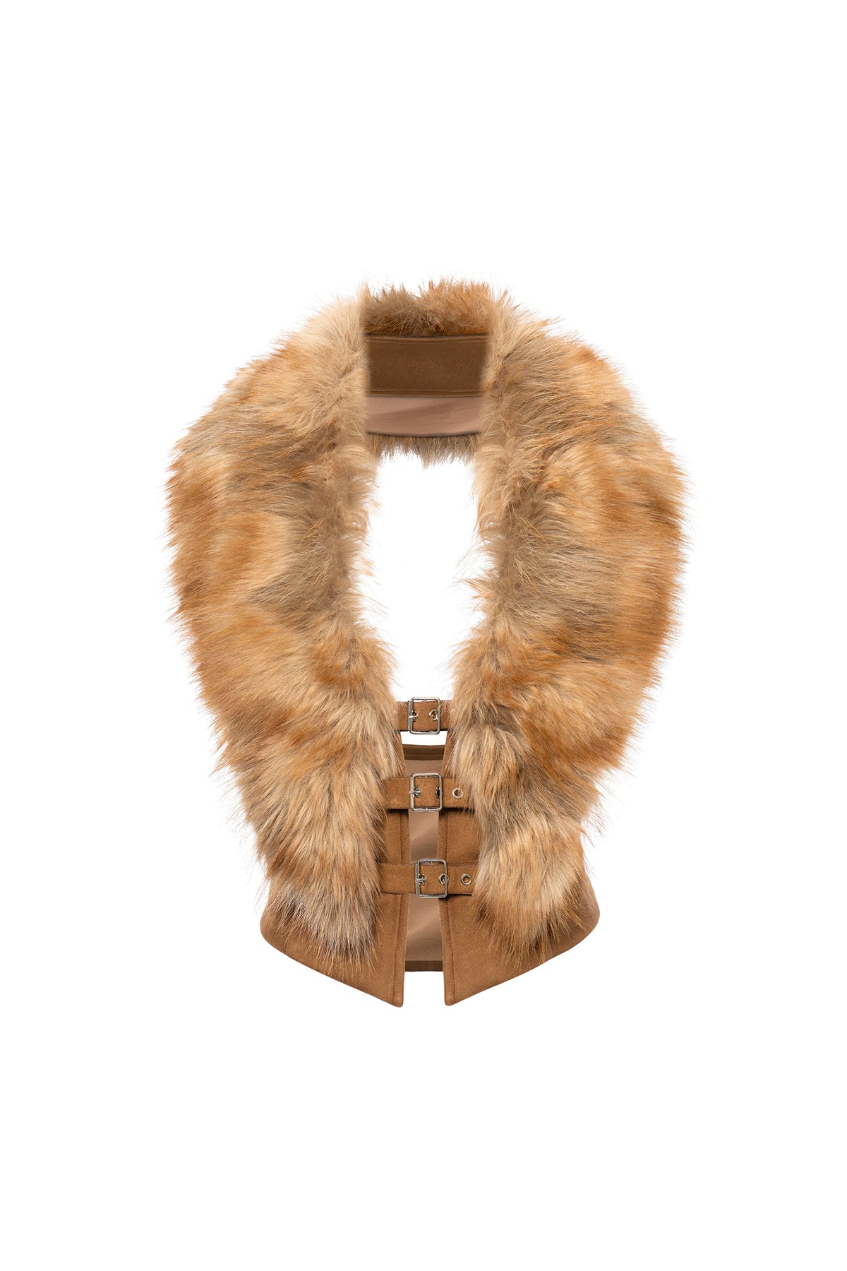 JYOSEI Retro Faux Fur Collar Open-Back Suede Vest