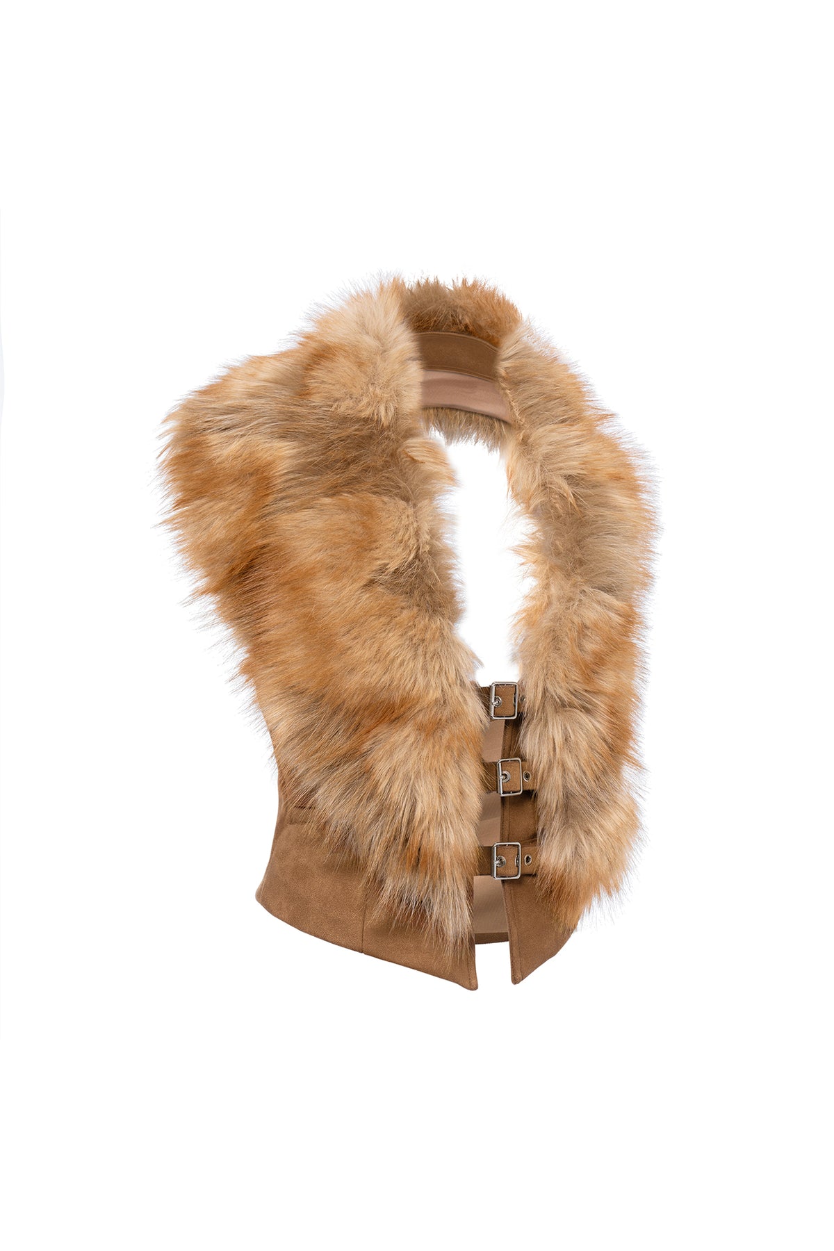 JYOSEI Retro Faux Fur Collar Open-Back Suede Vest