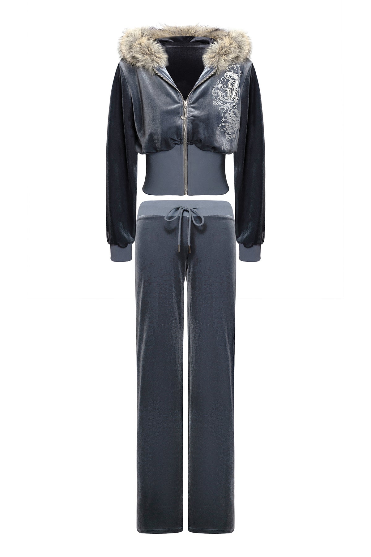 JYOSEI Graphic Velvet Cropped Hoodie & Sweatpants Set