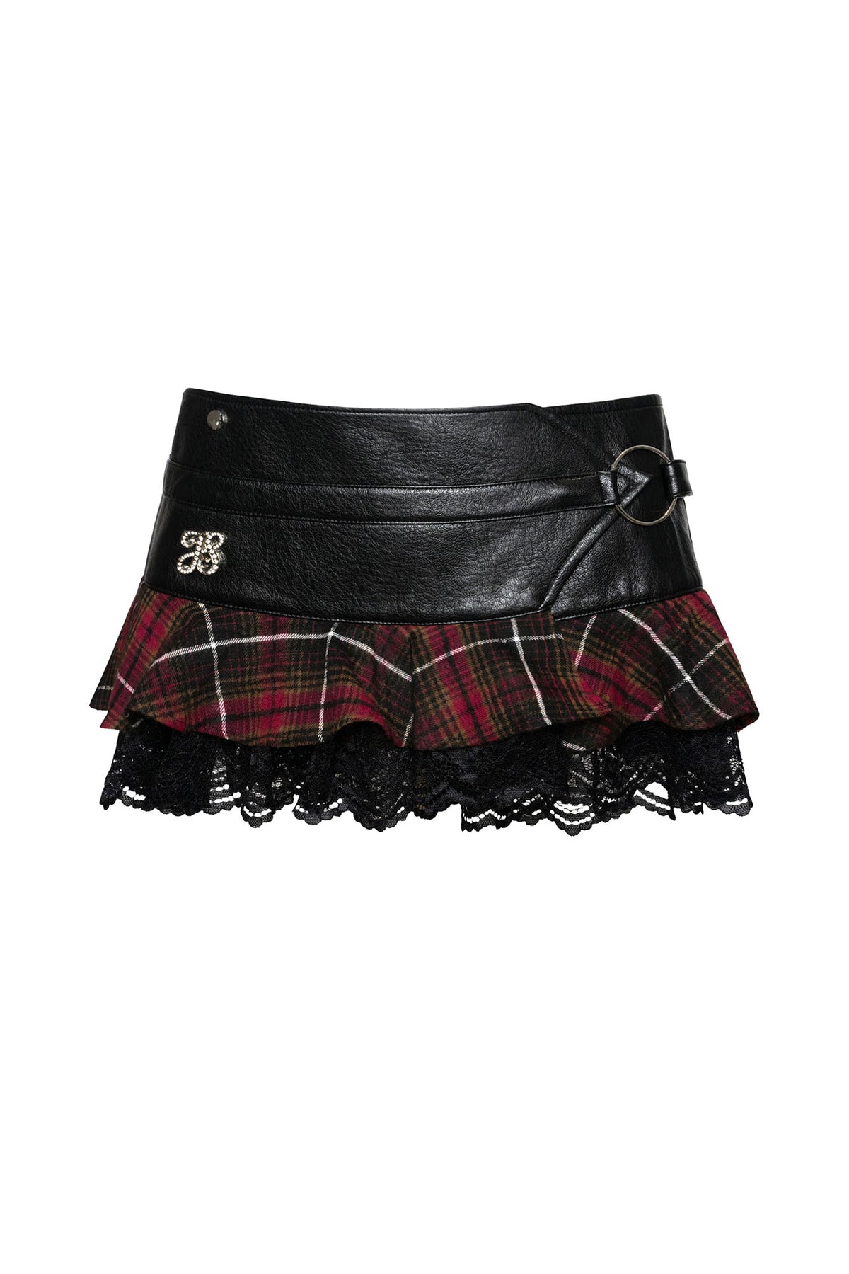 JYOSEI Faux Leather Lace Plaid Low-Rise Mini Skirt