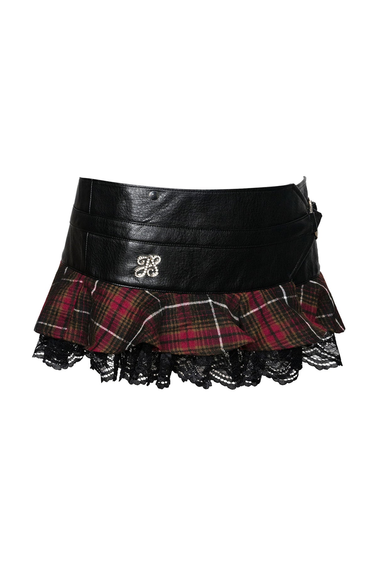 JYOSEI Faux Leather Lace Plaid Low-Rise Mini Skirt
