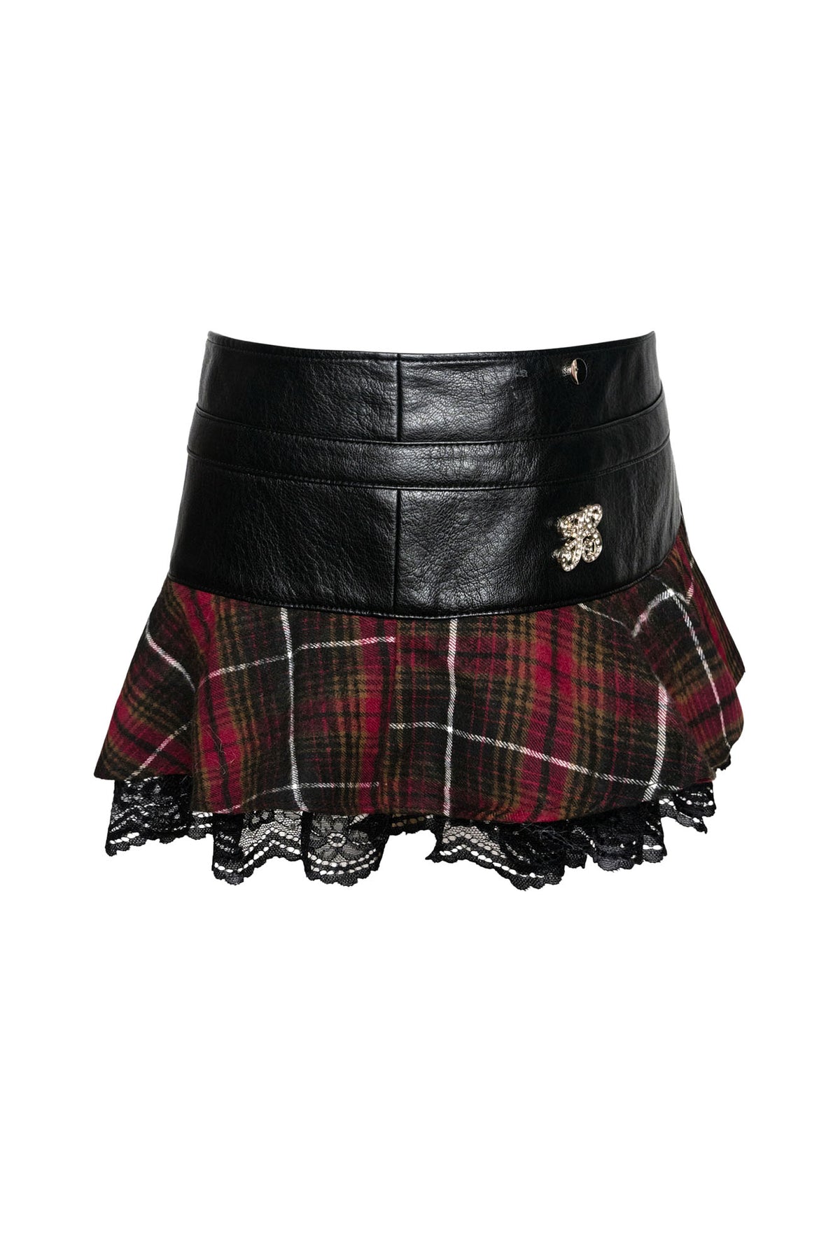 JYOSEI Faux Leather Lace Plaid Low-Rise Mini Skirt