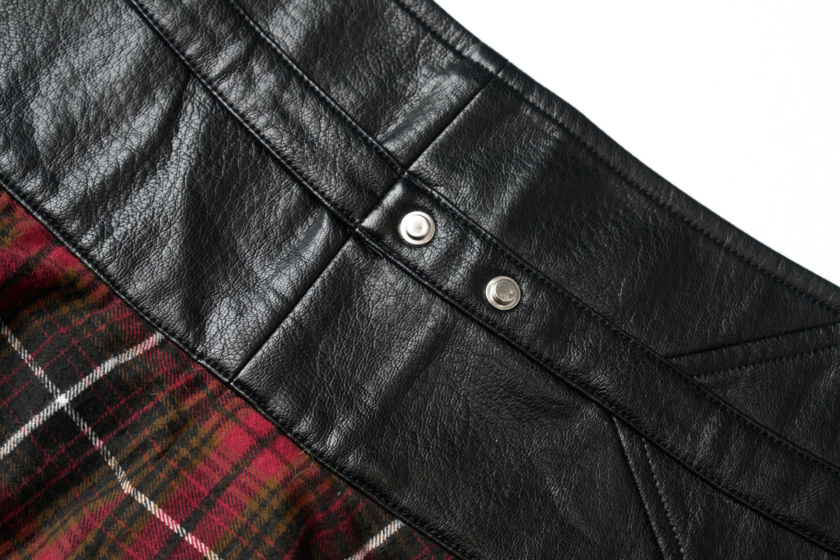 JYOSEI Faux Leather Lace Plaid Low-Rise Mini Skirt