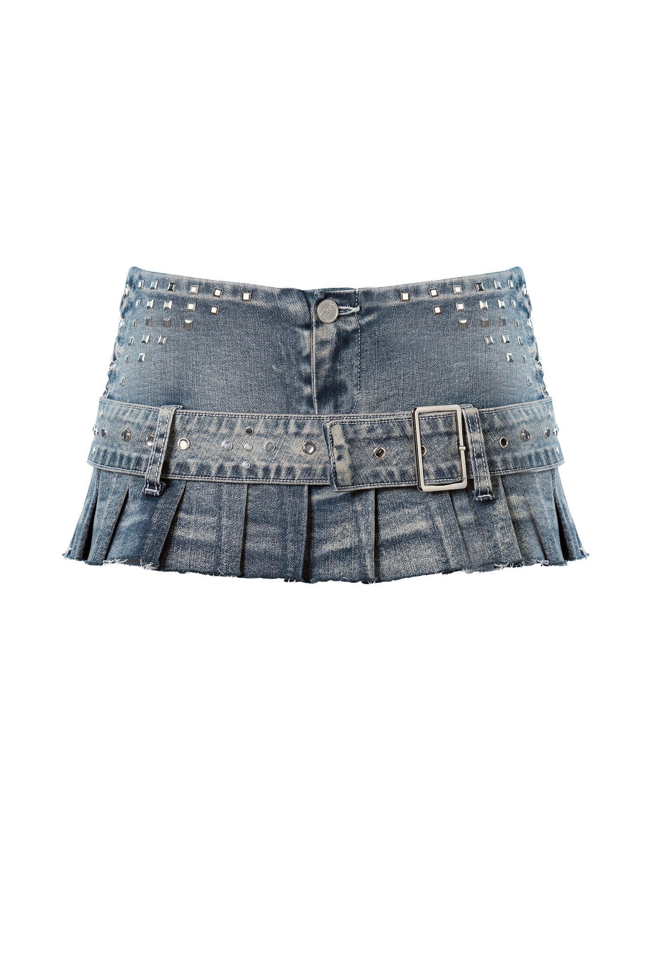 JYOSEI Washed Frayed Pleated Rivet Denim Mini Skirt