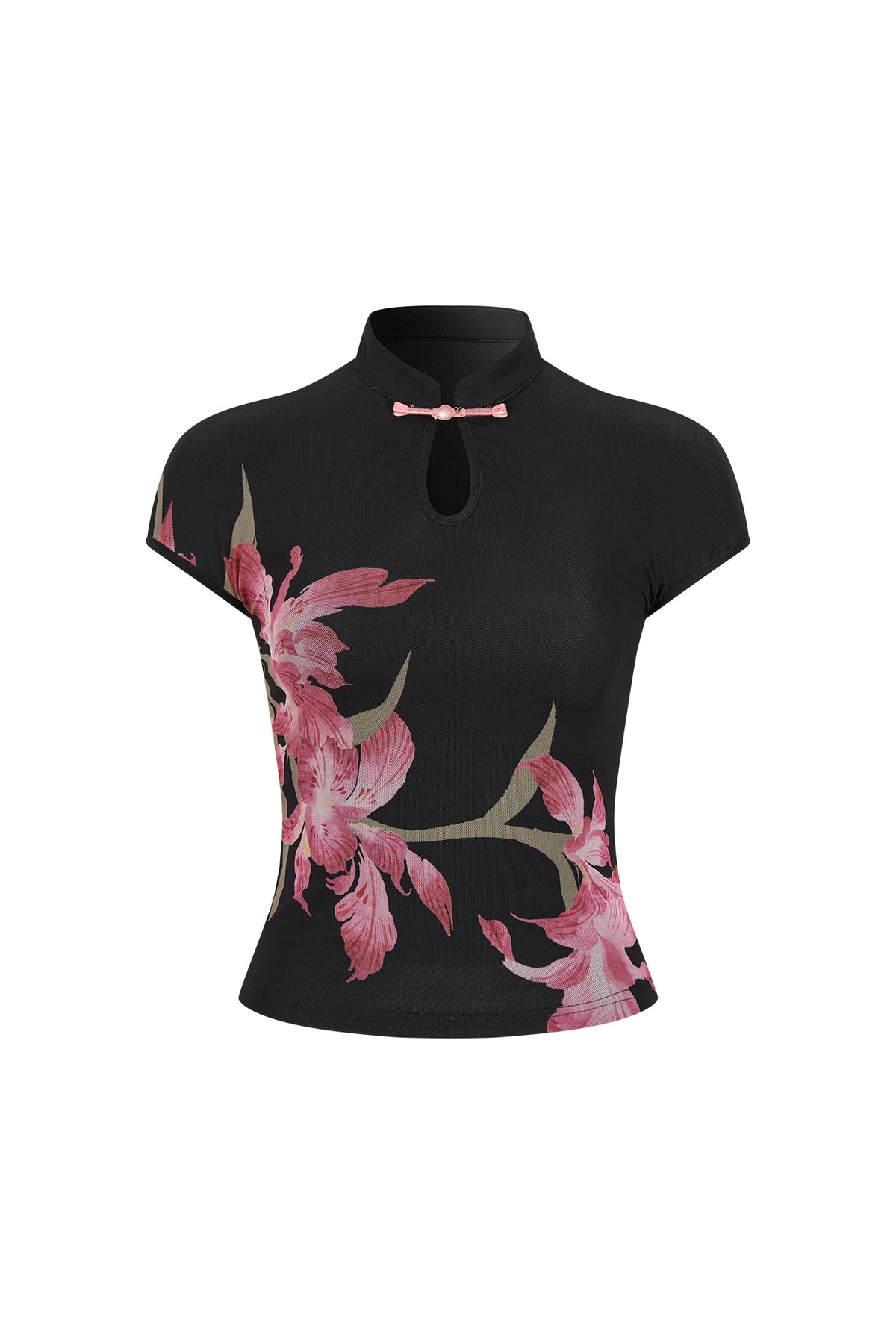 HIIMDAI Floral Frog-Button Qipao Top & Midi Skirt Set