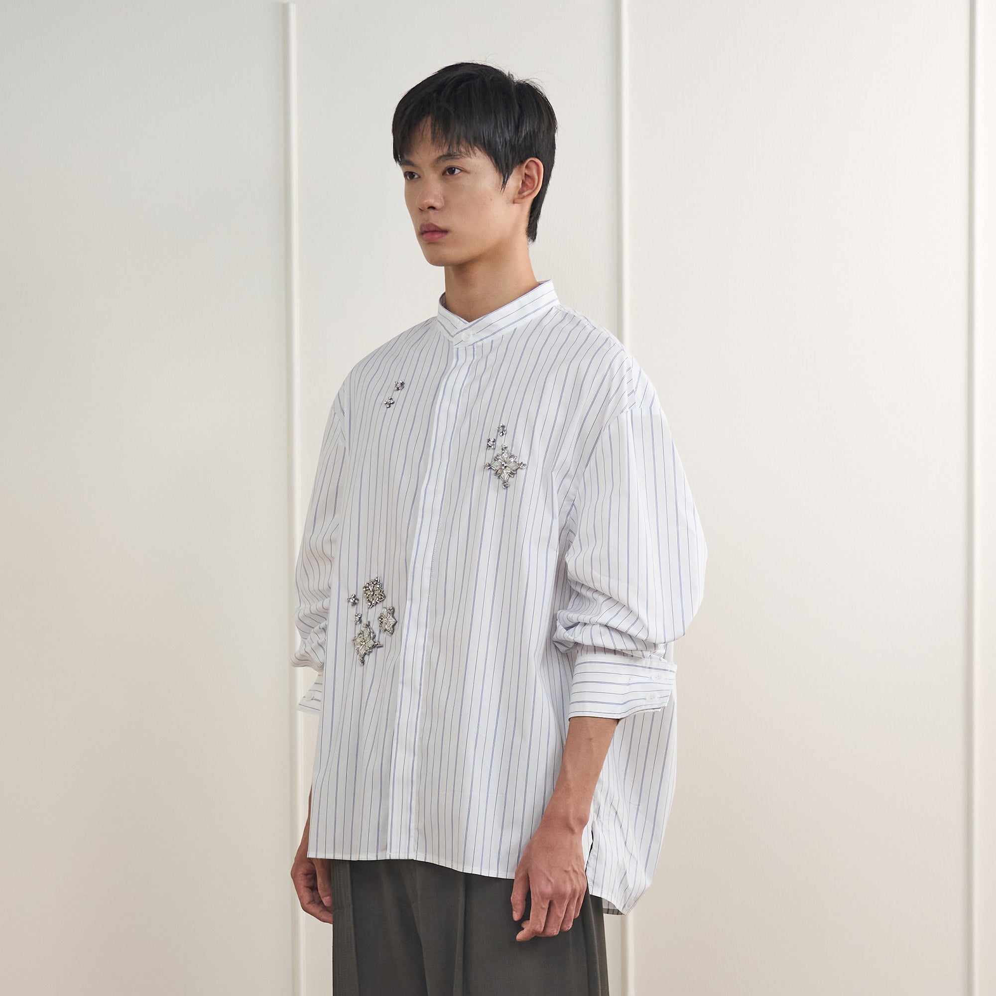 ORAL UTOPIA Silver Embellished Striped Mandarin Collar Shirt